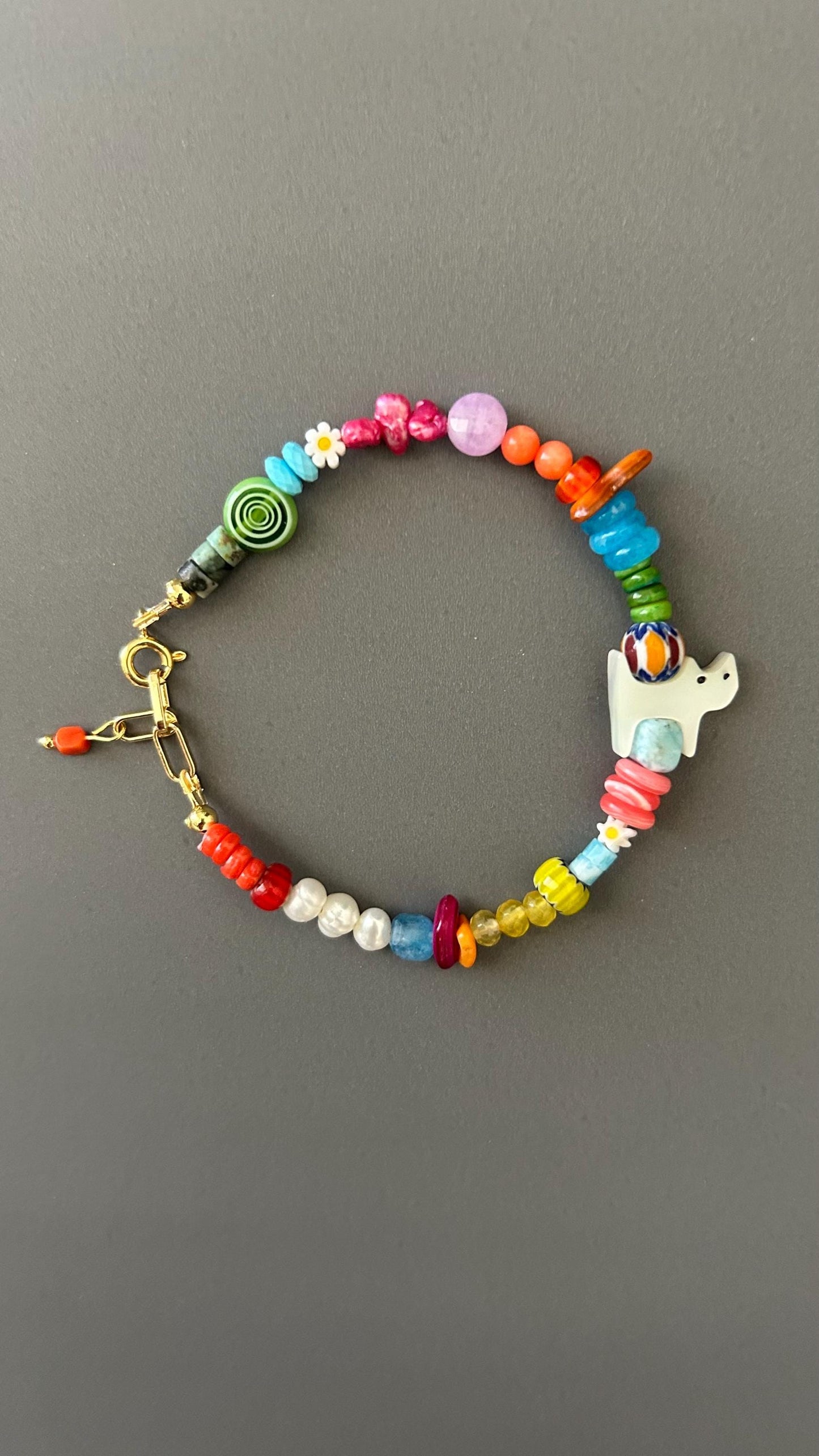 Handmade Gemstone Beaded Bracelet, Cat Charm, Boho Statement Jewelry, Luxury Gift Her