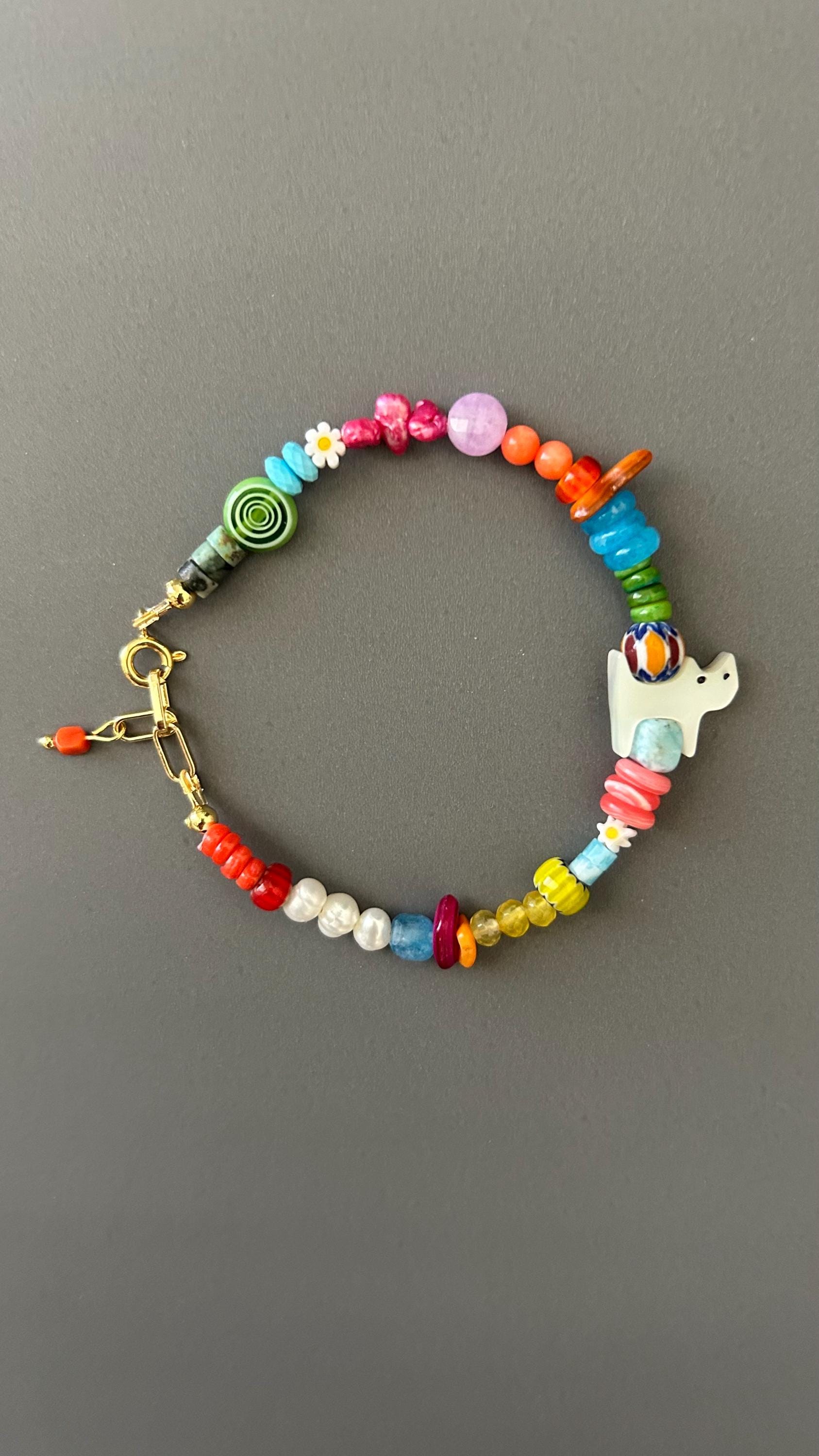 Handmade Gemstone Beaded Bracelet, Cat Charm, Boho Statement Jewelry, Luxury Gift Her