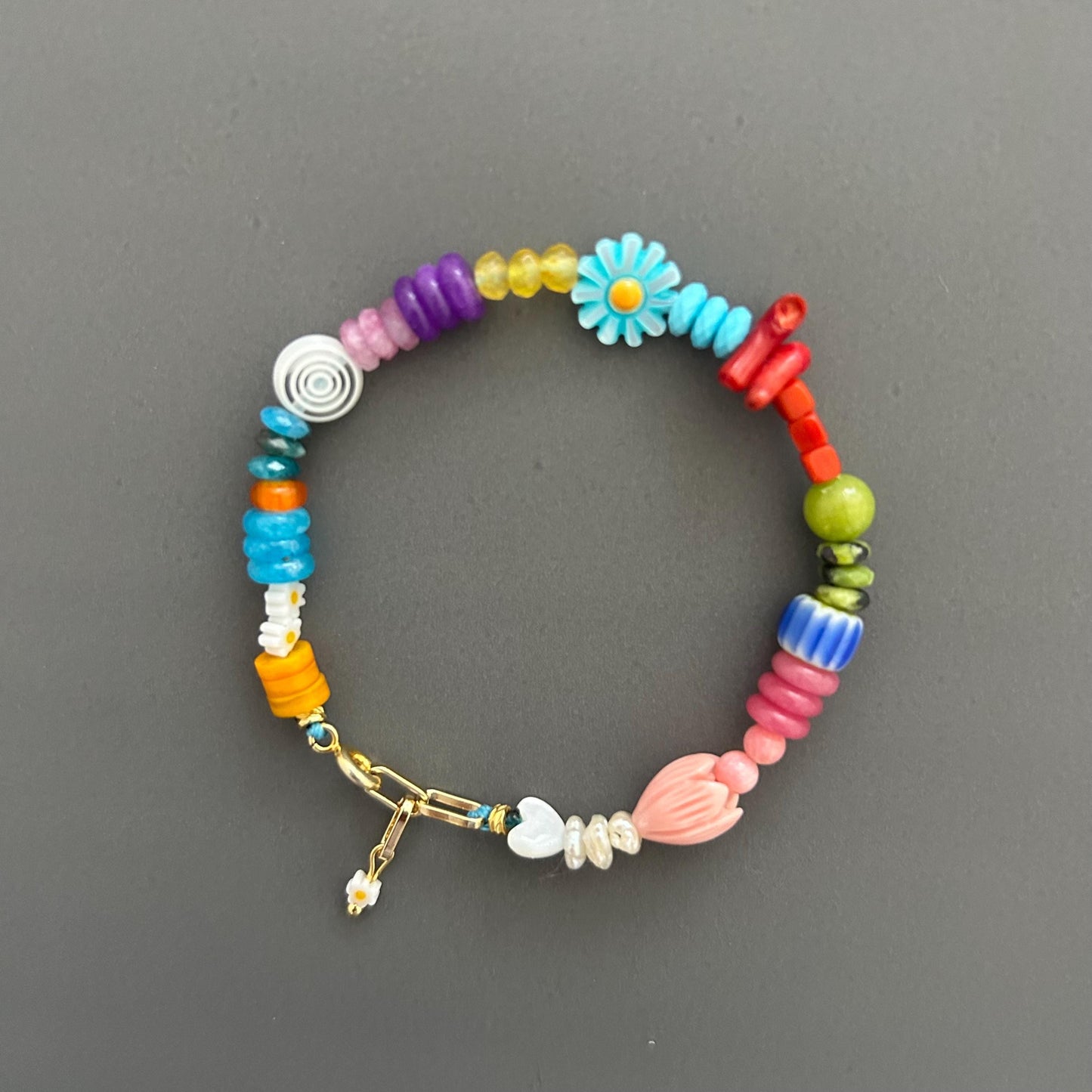 Bohemian Beaded Bracelet with 18k Gold Toggle, Colorful Crystal Armlet Adjustable Hippie Jewelry Gift