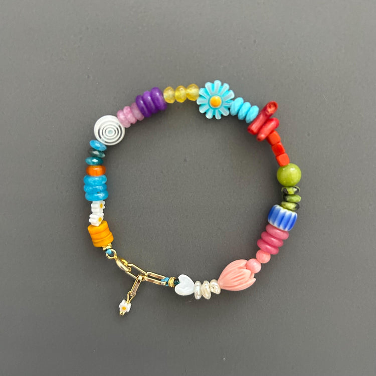 Bohemian Beaded Bracelet with 18k Gold Toggle, Colorful Crystal Armlet Adjustable Hippie Jewelry Gift