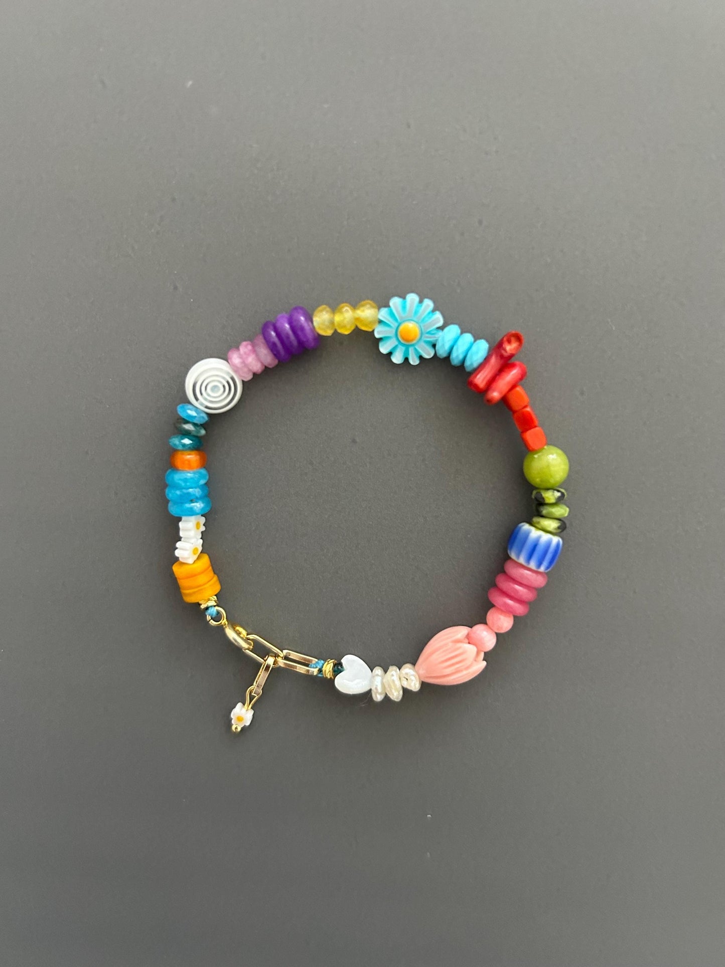 Bohemian Beaded Bracelet with 18k Gold Toggle, Colorful Crystal Armlet Adjustable Hippie Jewelry Gift
