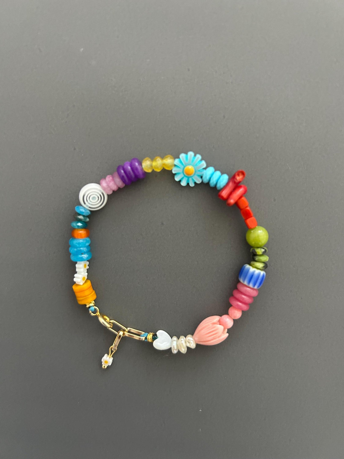 Bohemian Beaded Bracelet with 18k Gold Toggle, Colorful Crystal Armlet Adjustable Hippie Jewelry Gift