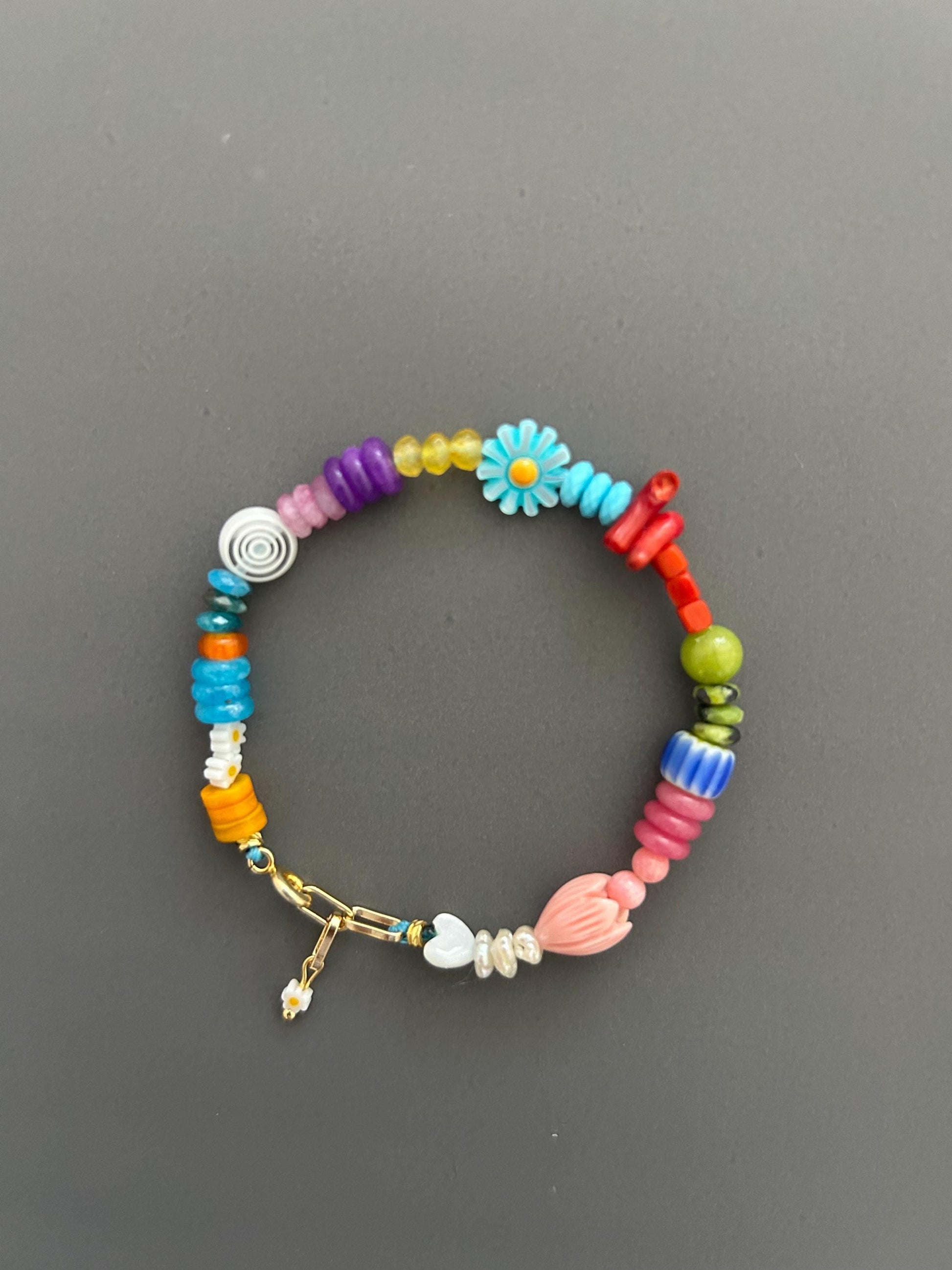Bohemian Beaded Bracelet with 18k Gold Toggle, Colorful Crystal Armlet Adjustable Hippie Jewelry Gift