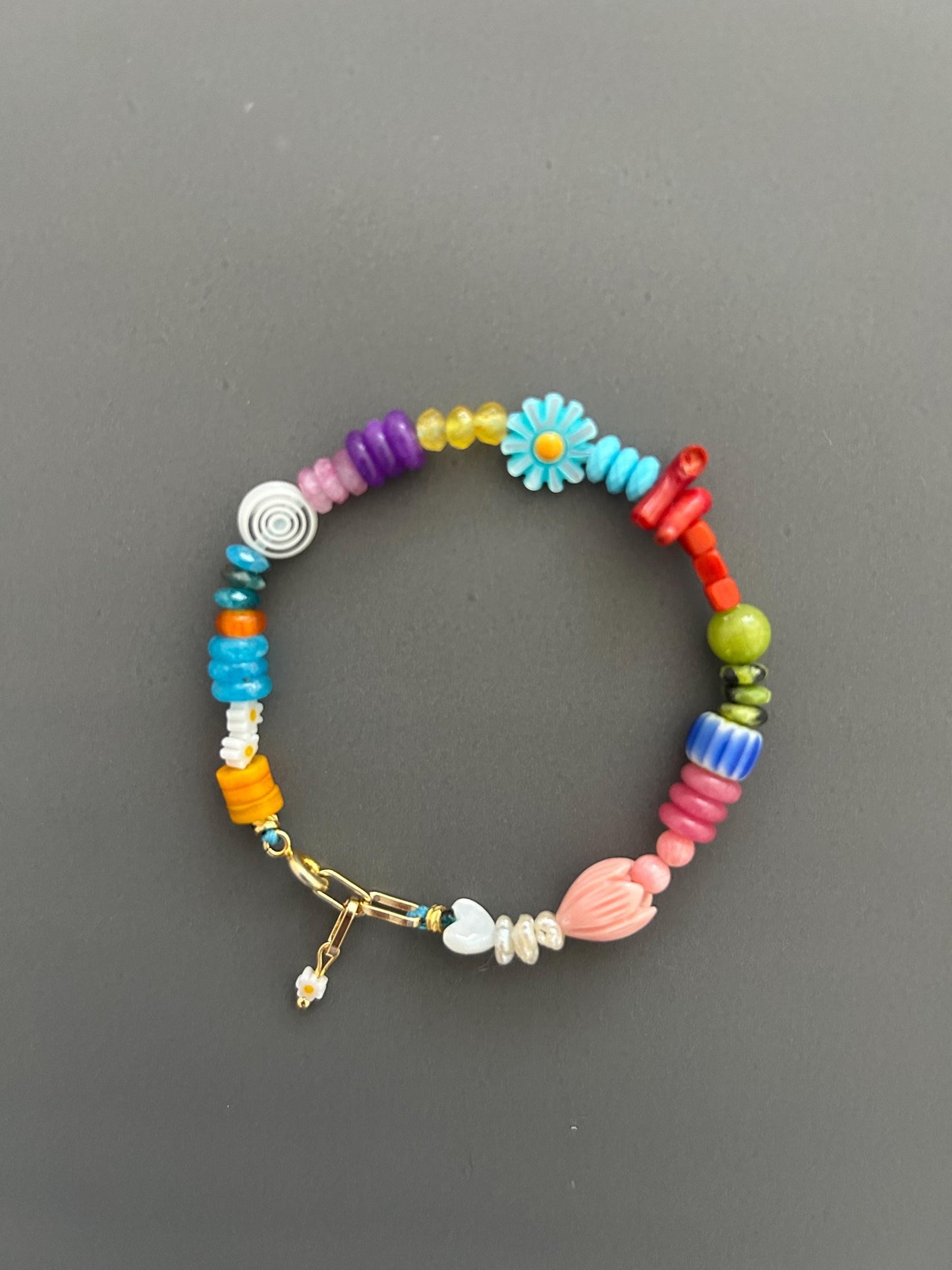 Bohemian Beaded Bracelet with 18k Gold Toggle, Colorful Crystal Armlet Adjustable Hippie Jewelry Gift