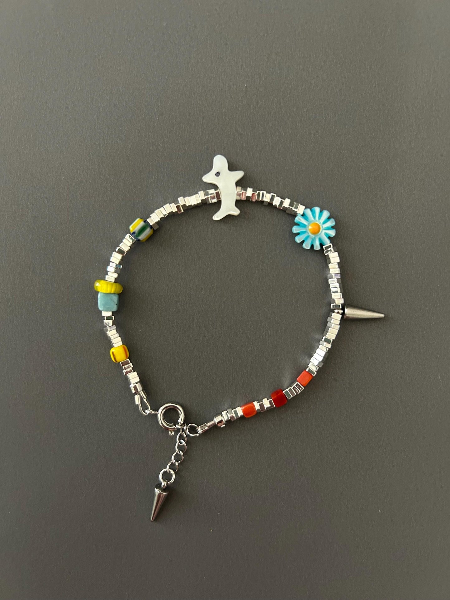 Pet Lover Beaded Bracelet — Handmade Dog Charm Bracelet with Flower & Spike — Gift for Dog Owners