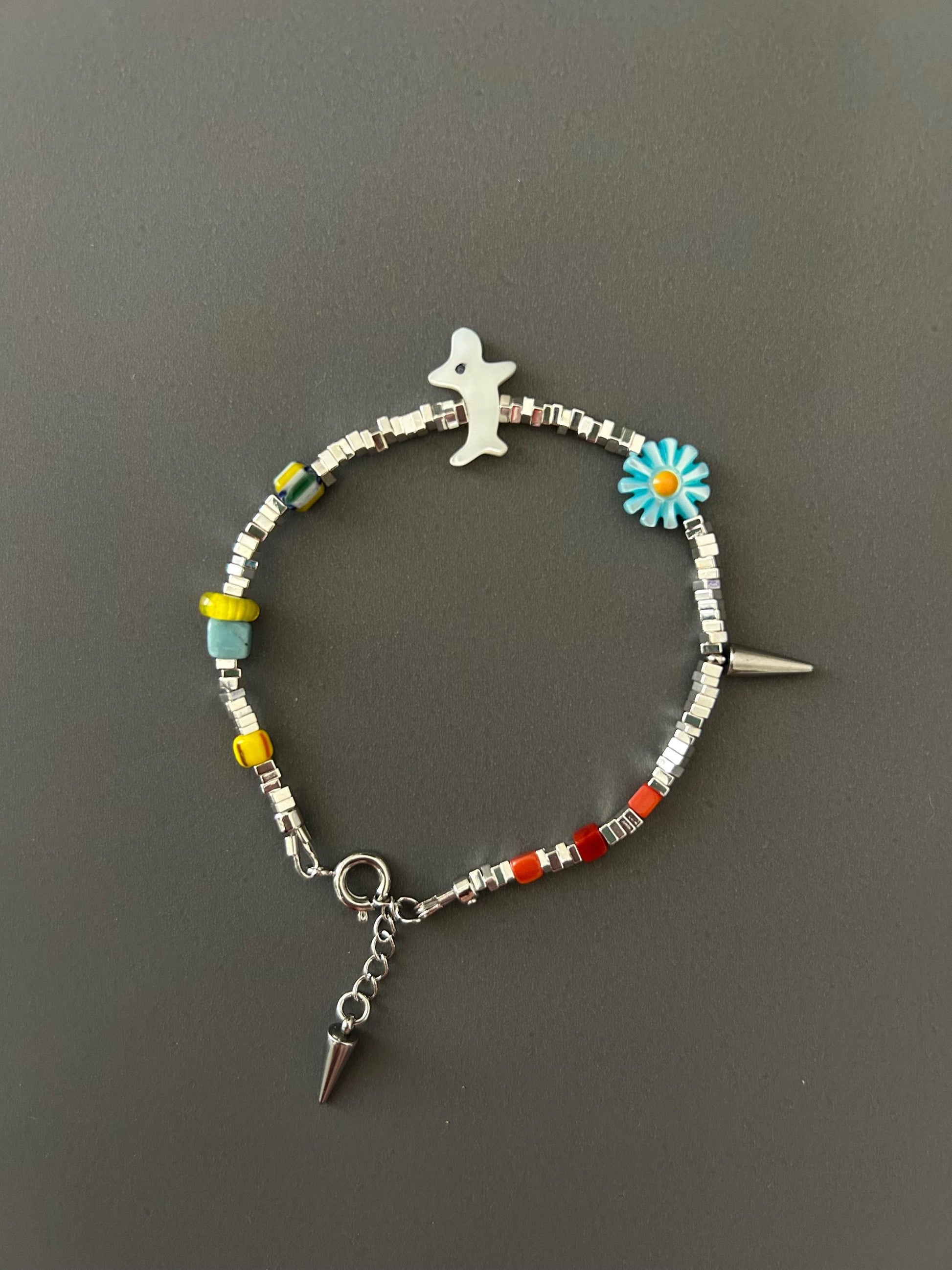 Pet Lover Beaded Bracelet — Handmade Dog Charm Bracelet with Flower & Spike — Gift for Dog Owners