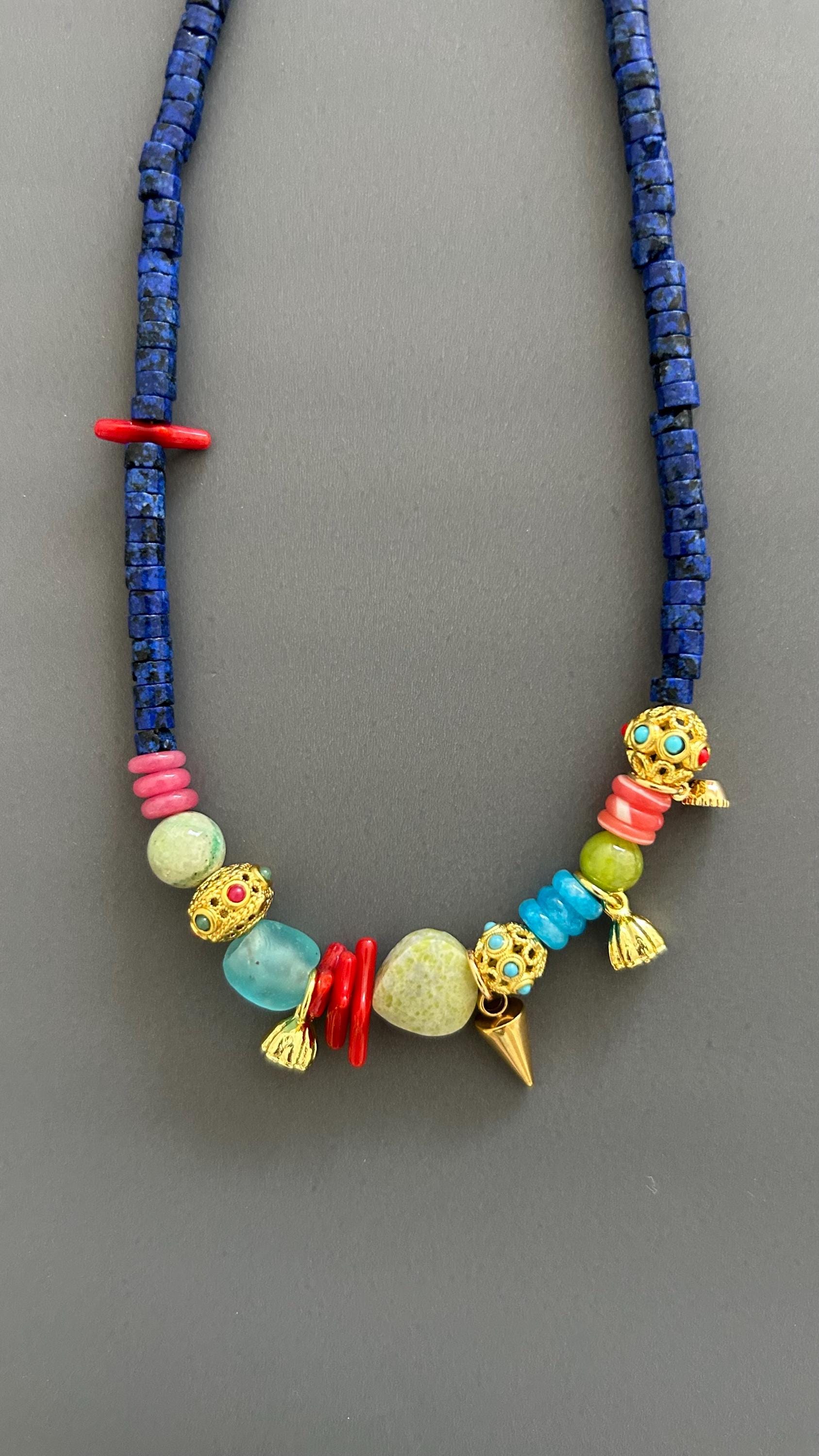 Lapis Lazuli Authentic Necklace Red Coral Accents Gold Charm Necklace Handmade Colorful Artisan Jewelry