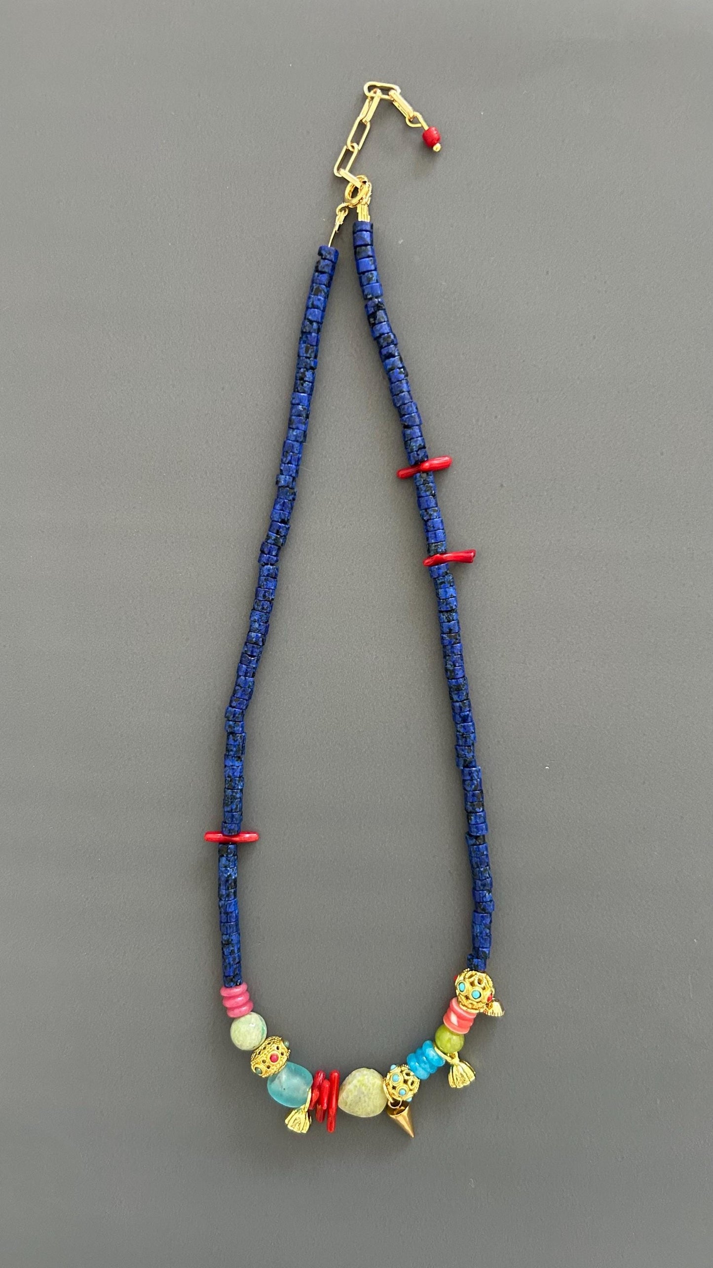Lapis Lazuli Authentic Necklace Red Coral Accents Gold Charm Necklace Handmade Colorful Artisan Jewelry