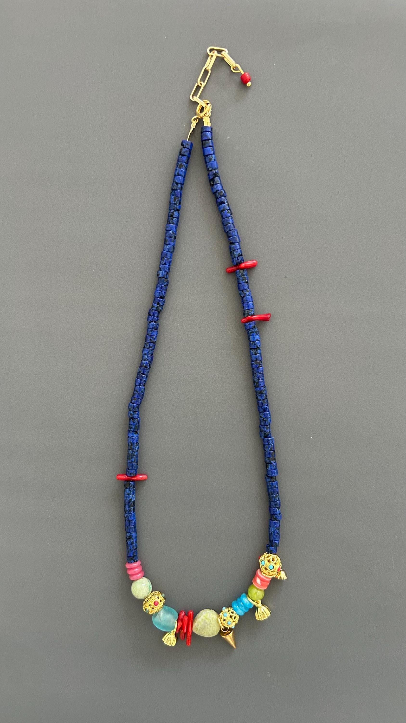 Lapis Lazuli Authentic Necklace Red Coral Accents Gold Charm Necklace Handmade Colorful Artisan Jewelry