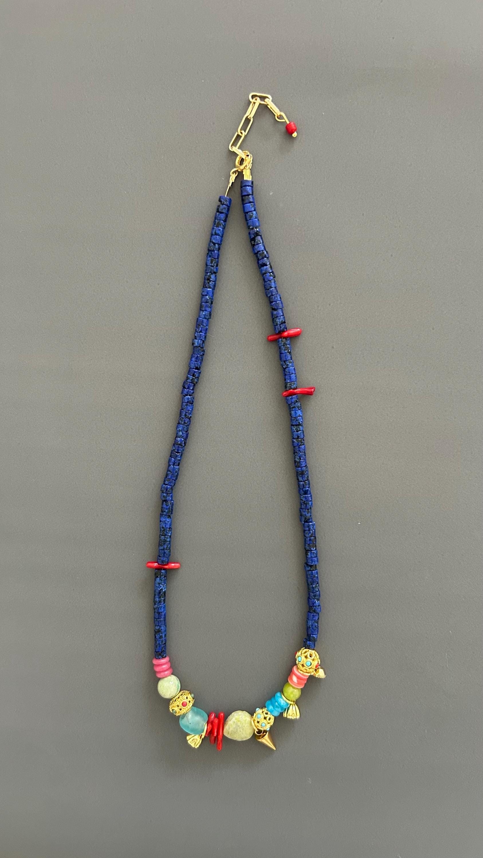 Lapis Lazuli Authentic Necklace Red Coral Accents Gold Charm Necklace Handmade Colorful Artisan Jewelry