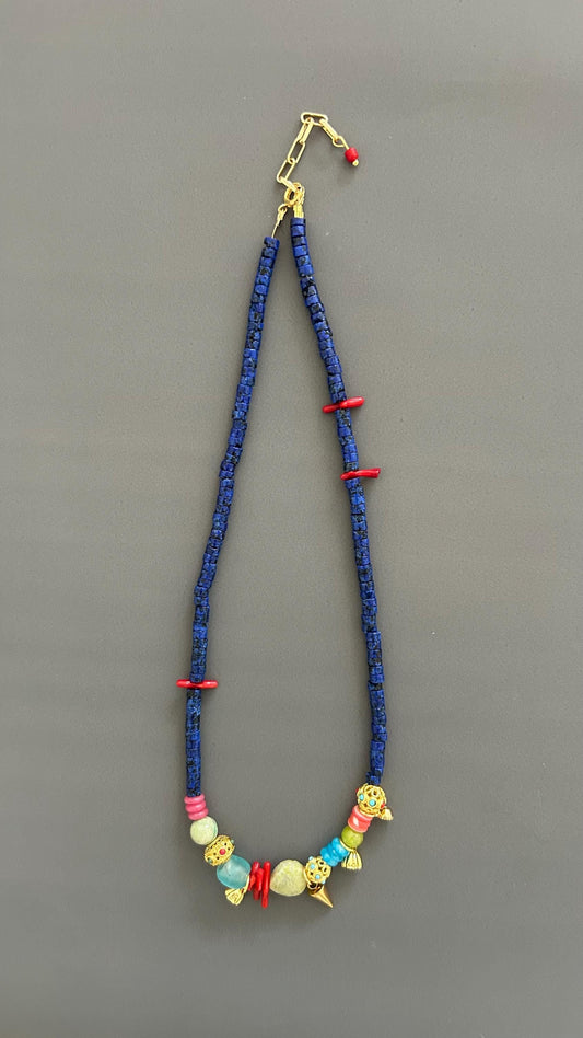 Lapis Lazuli Authentic Necklace Red Coral Accents Gold Charm Necklace Handmade Colorful Artisan Jewelry