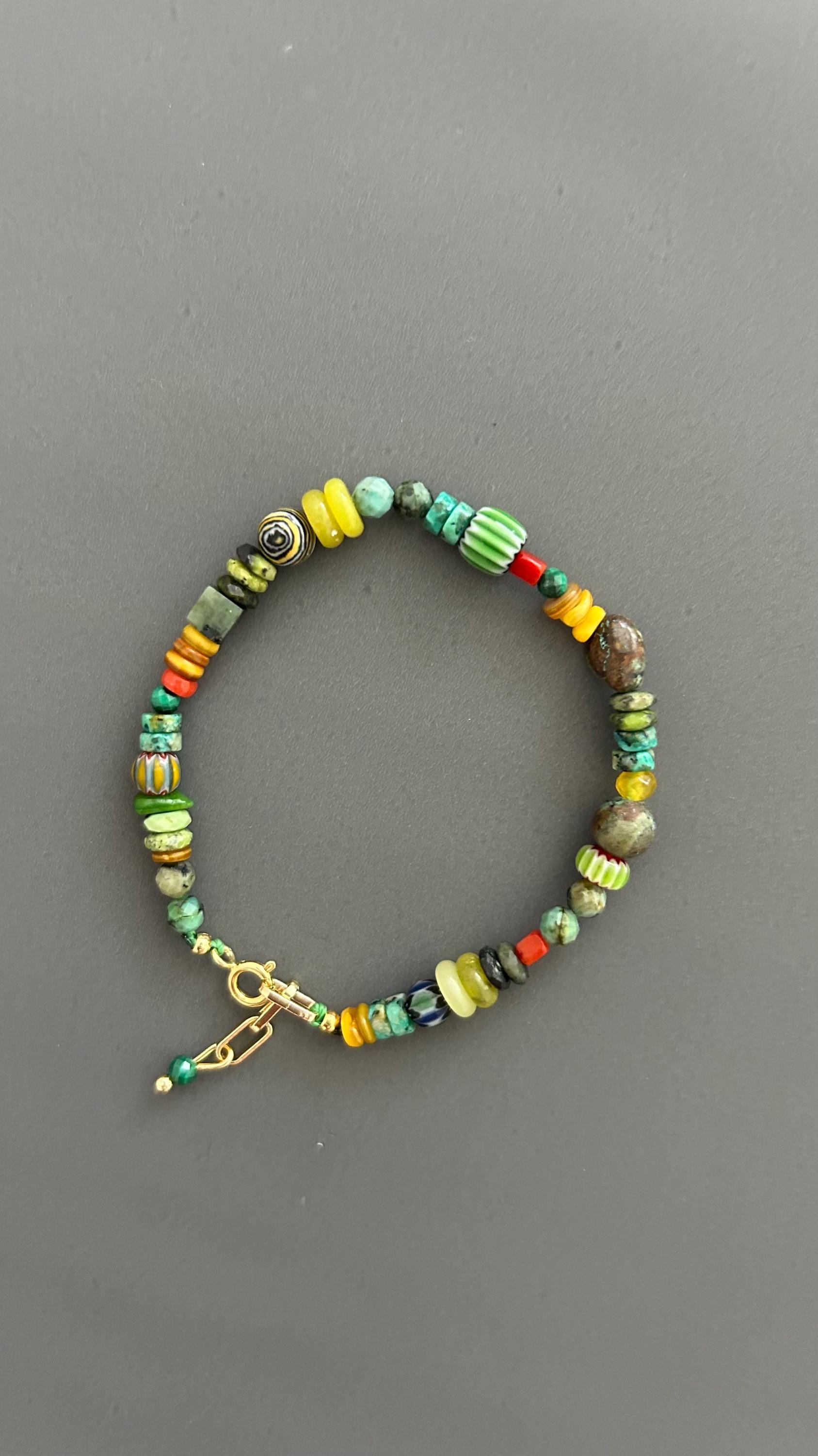 Turquoise Beaded Bracelet Boho Gemstone Jewelry Colorful Stone Accessory Gold Clasp Artisan Handmade Stack Gift Women