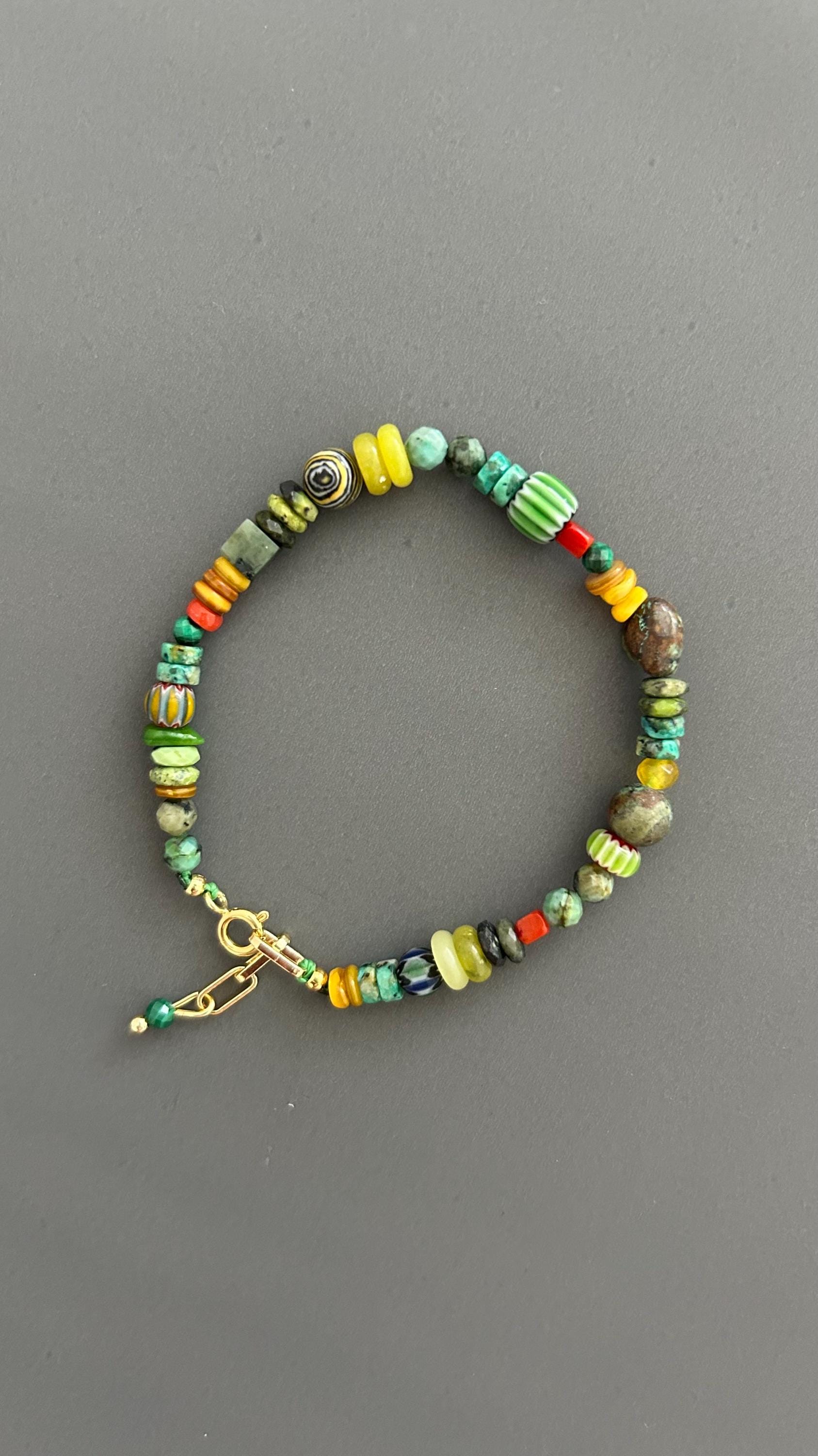 Turquoise Beaded Bracelet Boho Gemstone Jewelry Colorful Stone Accessory Gold Clasp Artisan Handmade Stack Gift Women