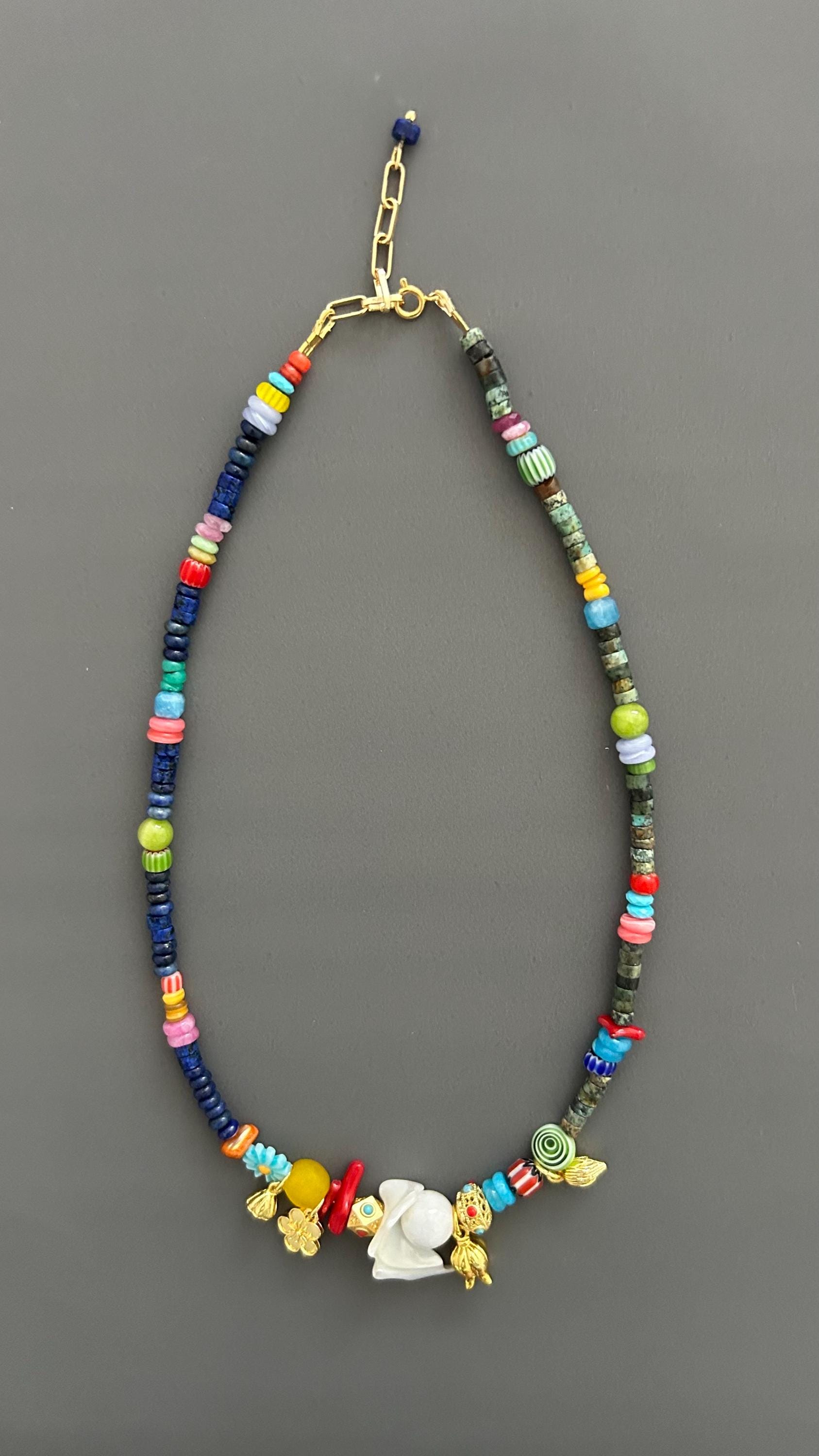 Boho Beaded Necklace with Shell Pendant, Colorful Gemstone Necklace, Handmade Statement Jewelry, Eclectic Artisan Necklace, Festival Jewelry
