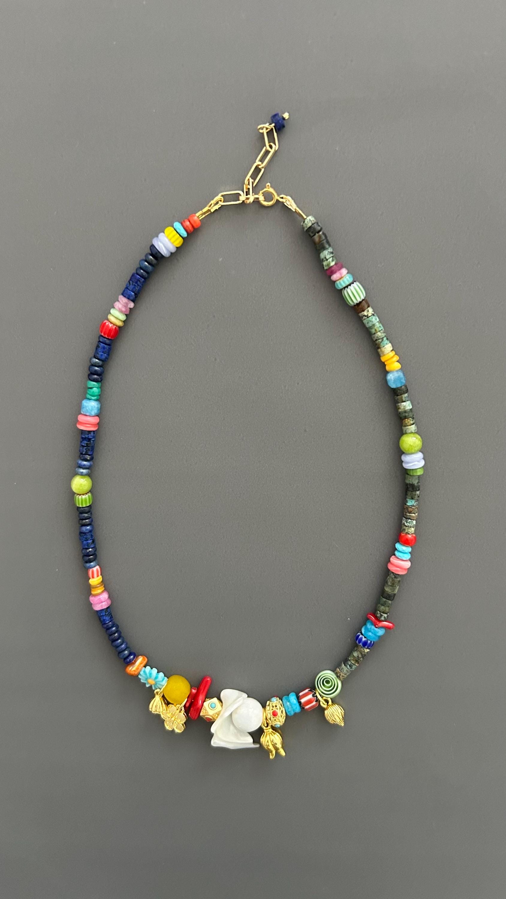 Boho Beaded Necklace with Shell Pendant, Colorful Gemstone Necklace, Handmade Statement Jewelry, Eclectic Artisan Necklace, Festival Jewelry