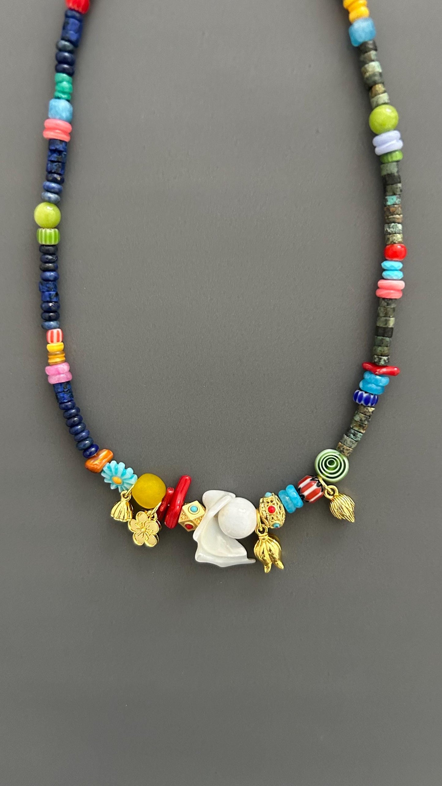 Boho Beaded Necklace with Shell Pendant, Colorful Gemstone Necklace, Handmade Statement Jewelry, Eclectic Artisan Necklace, Festival Jewelry