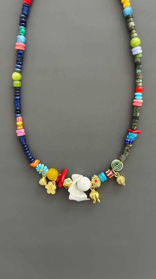 Boho Beaded Necklace with Shell Pendant, Colorful Gemstone Necklace, Handmade Statement Jewelry, Eclectic Artisan Necklace, Festival Jewelry