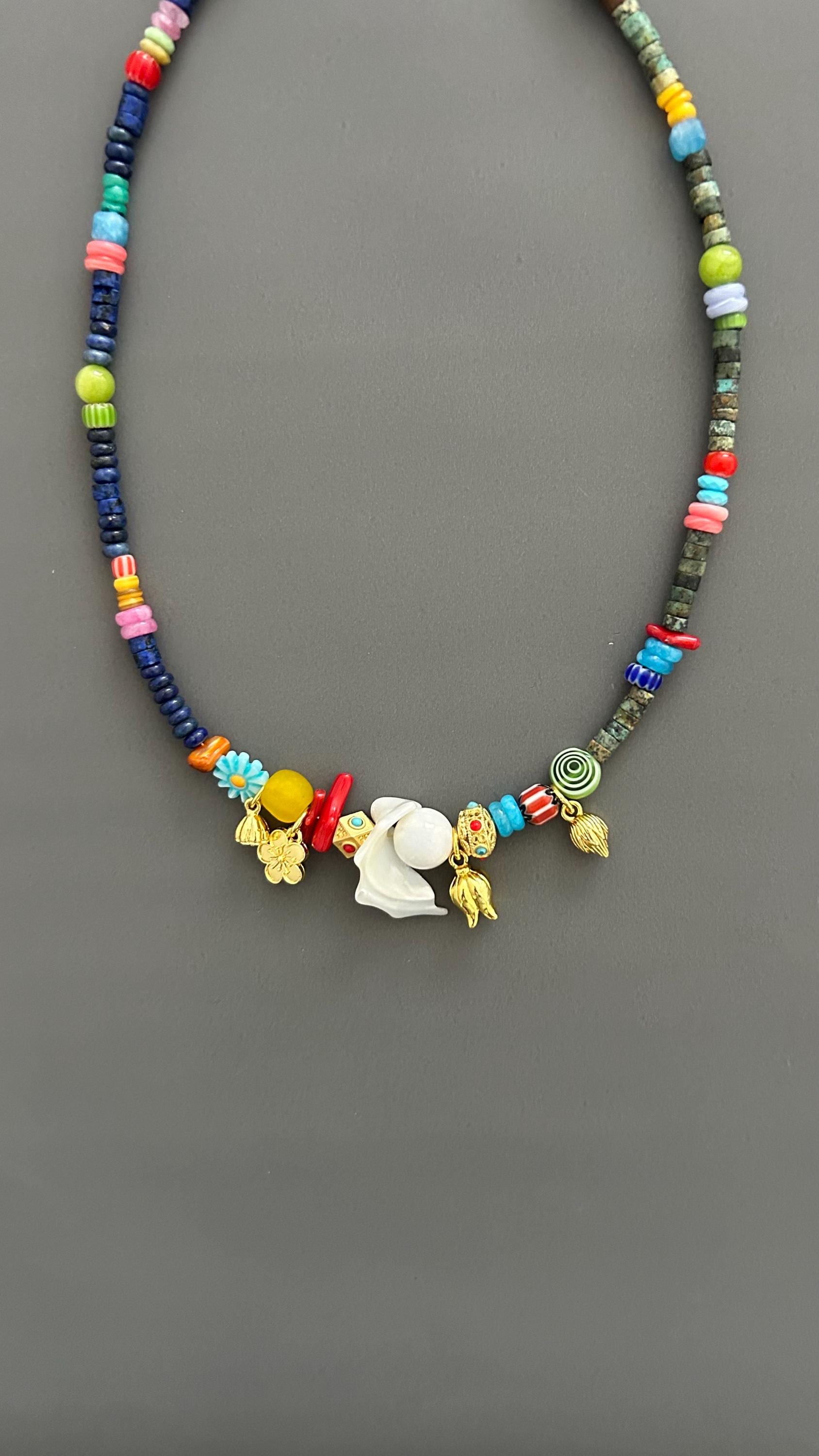 Boho Beaded Necklace with Shell Pendant, Colorful Gemstone Necklace, Handmade Statement Jewelry, Eclectic Artisan Necklace, Festival Jewelry