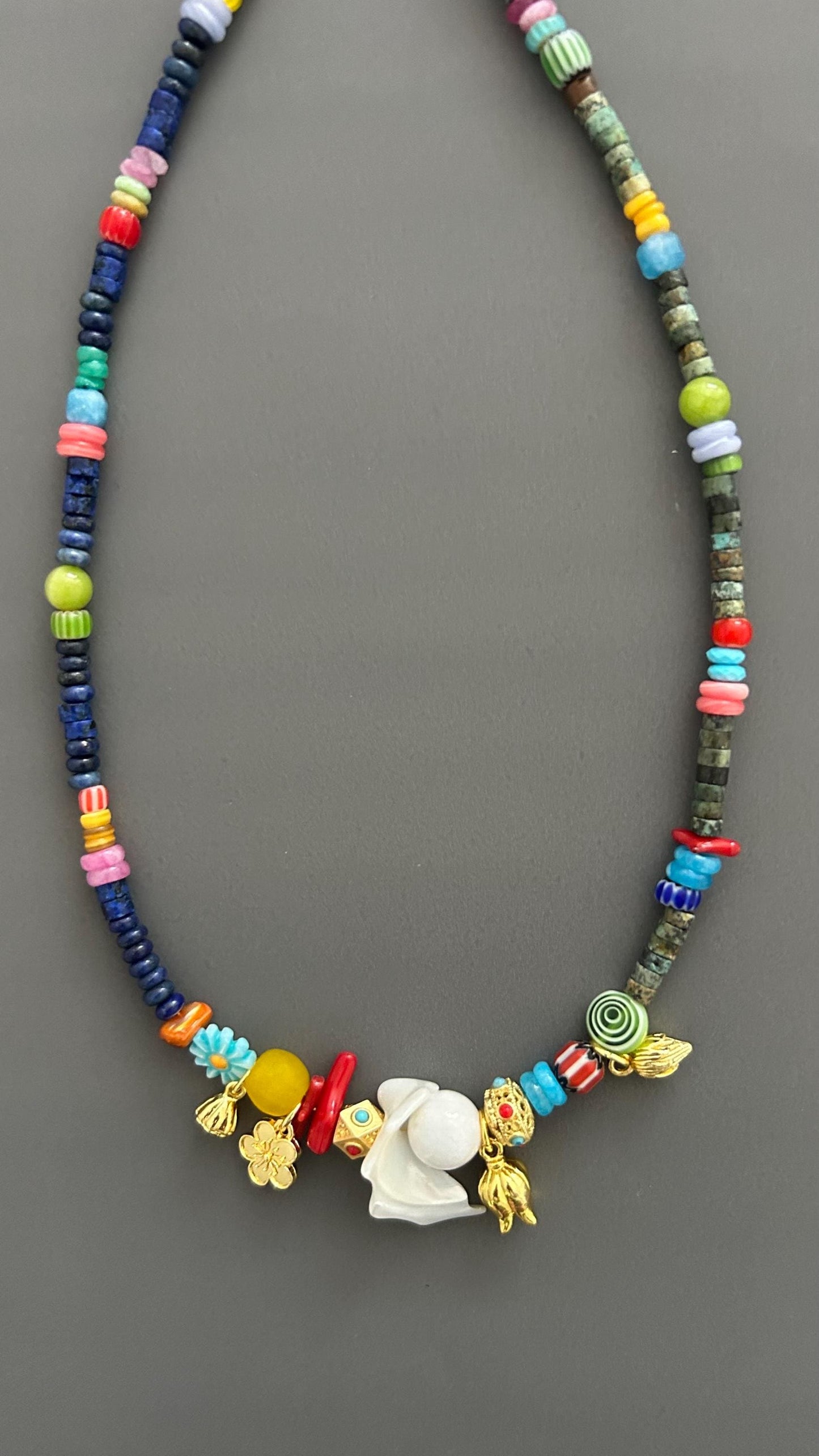 Boho Beaded Necklace with Shell Pendant, Colorful Gemstone Necklace, Handmade Statement Jewelry, Eclectic Artisan Necklace, Festival Jewelry