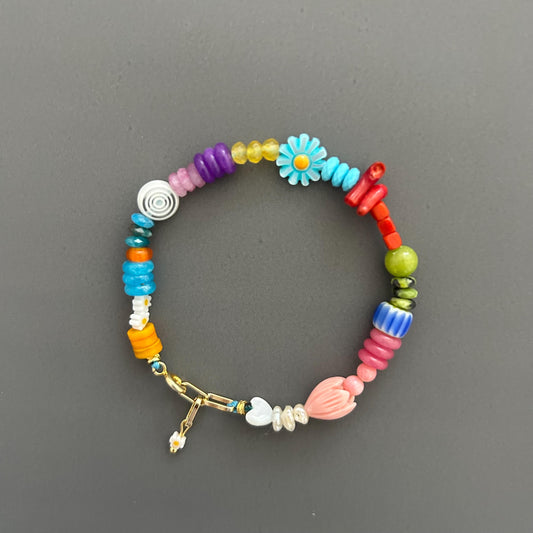 Bohemian Beaded Bracelet with 18k Gold Toggle, Colorful Crystal Armlet Adjustable Hippie Jewelry Gift