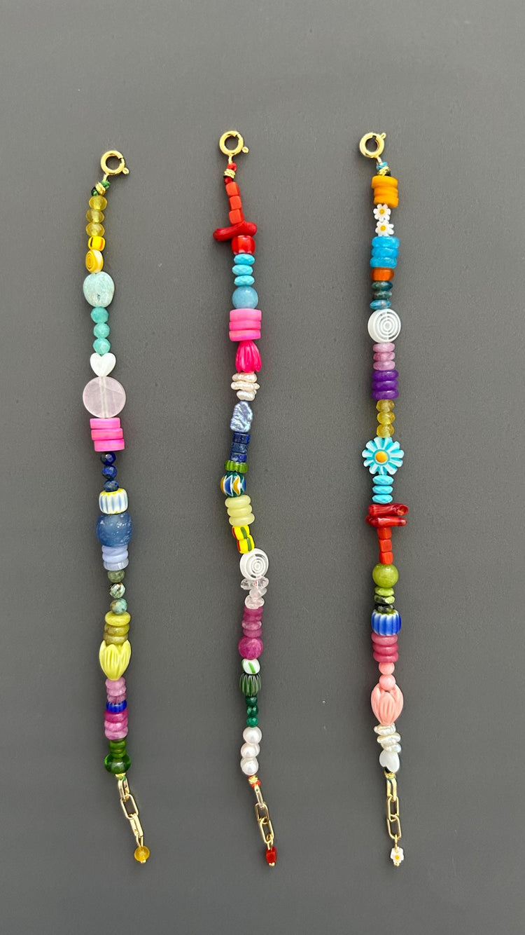 Bohemian Beaded Bracelet with 18k Gold Toggle, Colorful Crystal Armlet Adjustable Hippie Jewelry Gift