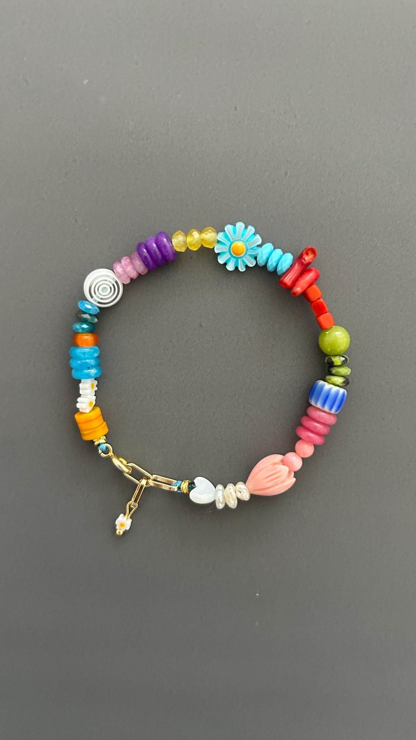 Bohemian Beaded Bracelet with 18k Gold Toggle, Colorful Crystal Armlet Adjustable Hippie Jewelry Gift