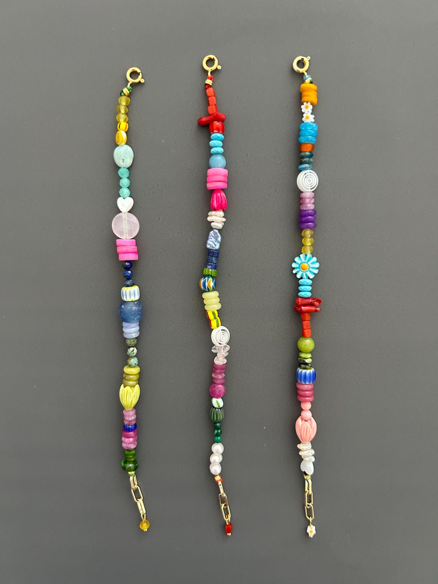 Bohemian Beaded Bracelet with 18k Gold Toggle, Colorful Crystal Armlet Adjustable Hippie Jewelry Gift