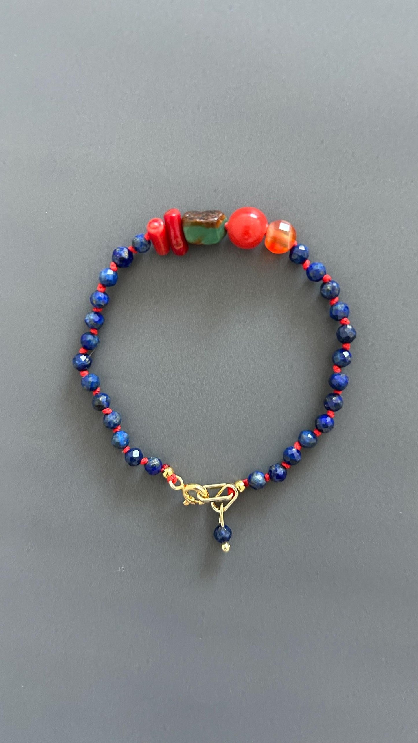 Lapis Lazuli Coral Carnelian Beaded Bracelet, 18K Gold Plated Toggle Clasp, Boho Jewelry