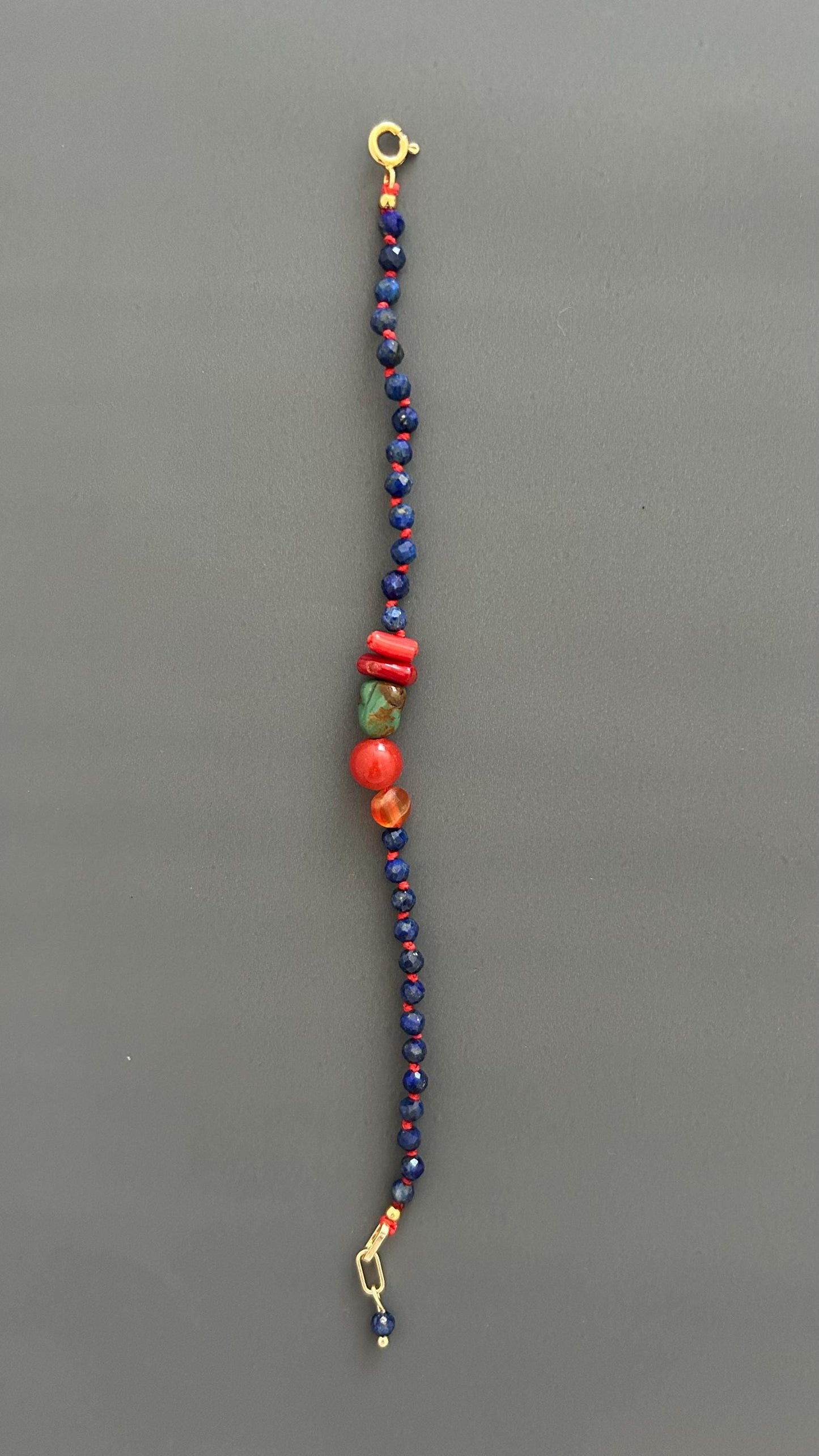 Lapis Lazuli Coral Carnelian Beaded Bracelet, 18K Gold Plated Toggle Clasp, Boho Jewelry