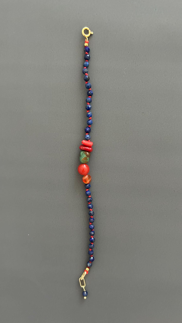 Lapis Lazuli Coral Carnelian Beaded Bracelet, 18K Gold Plated Toggle Clasp, Boho Jewelry