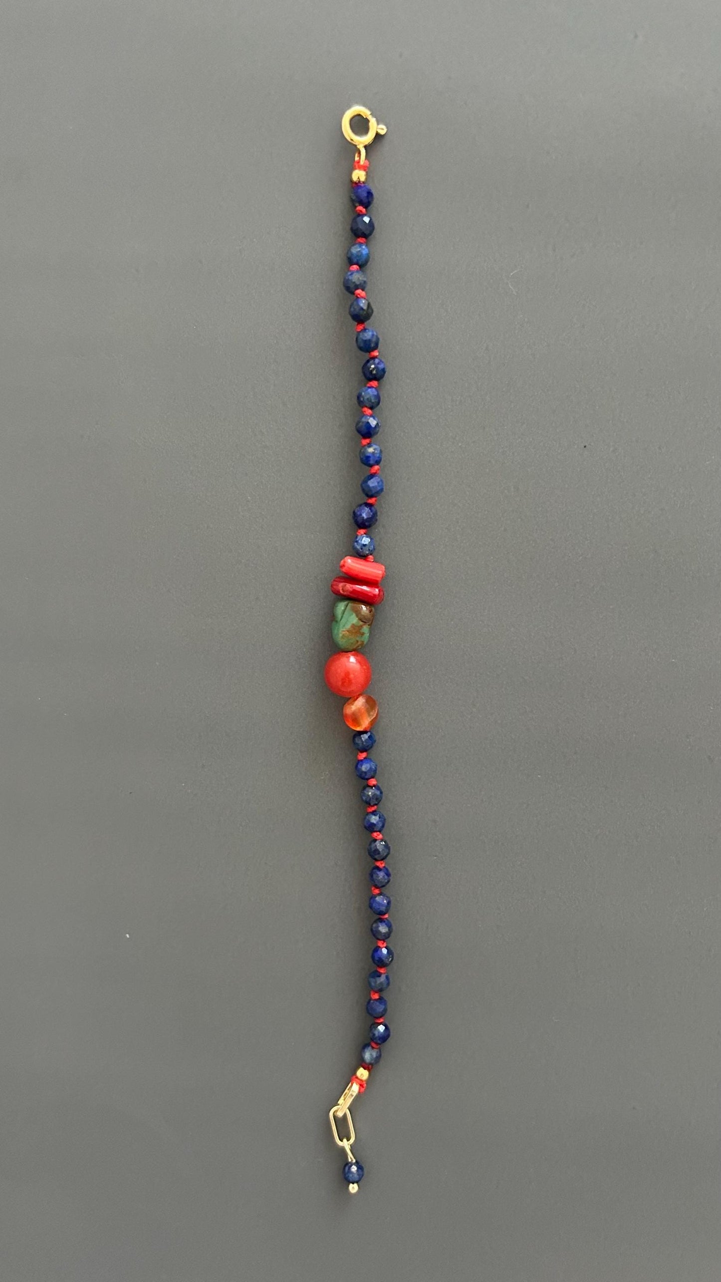 Lapis Lazuli Coral Carnelian Beaded Bracelet, 18K Gold Plated Toggle Clasp, Boho Jewelry