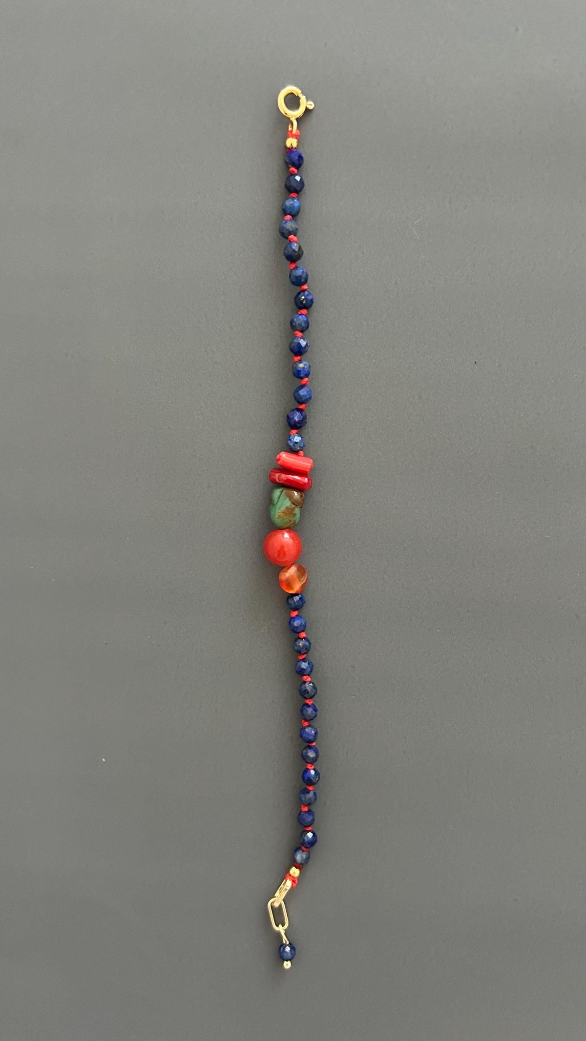 Lapis Lazuli Coral Carnelian Beaded Bracelet, 18K Gold Plated Toggle Clasp, Boho Jewelry