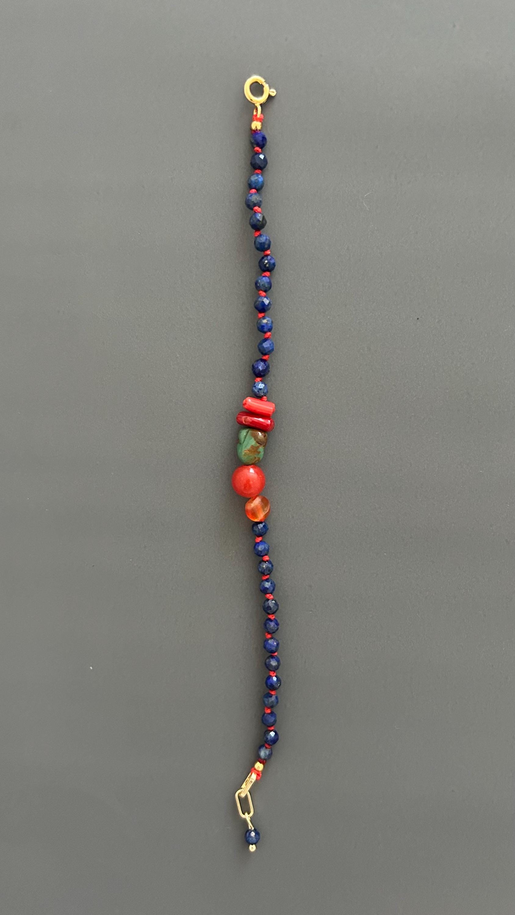 Lapis Lazuli Coral Carnelian Beaded Bracelet, 18K Gold Plated Toggle Clasp, Boho Jewelry