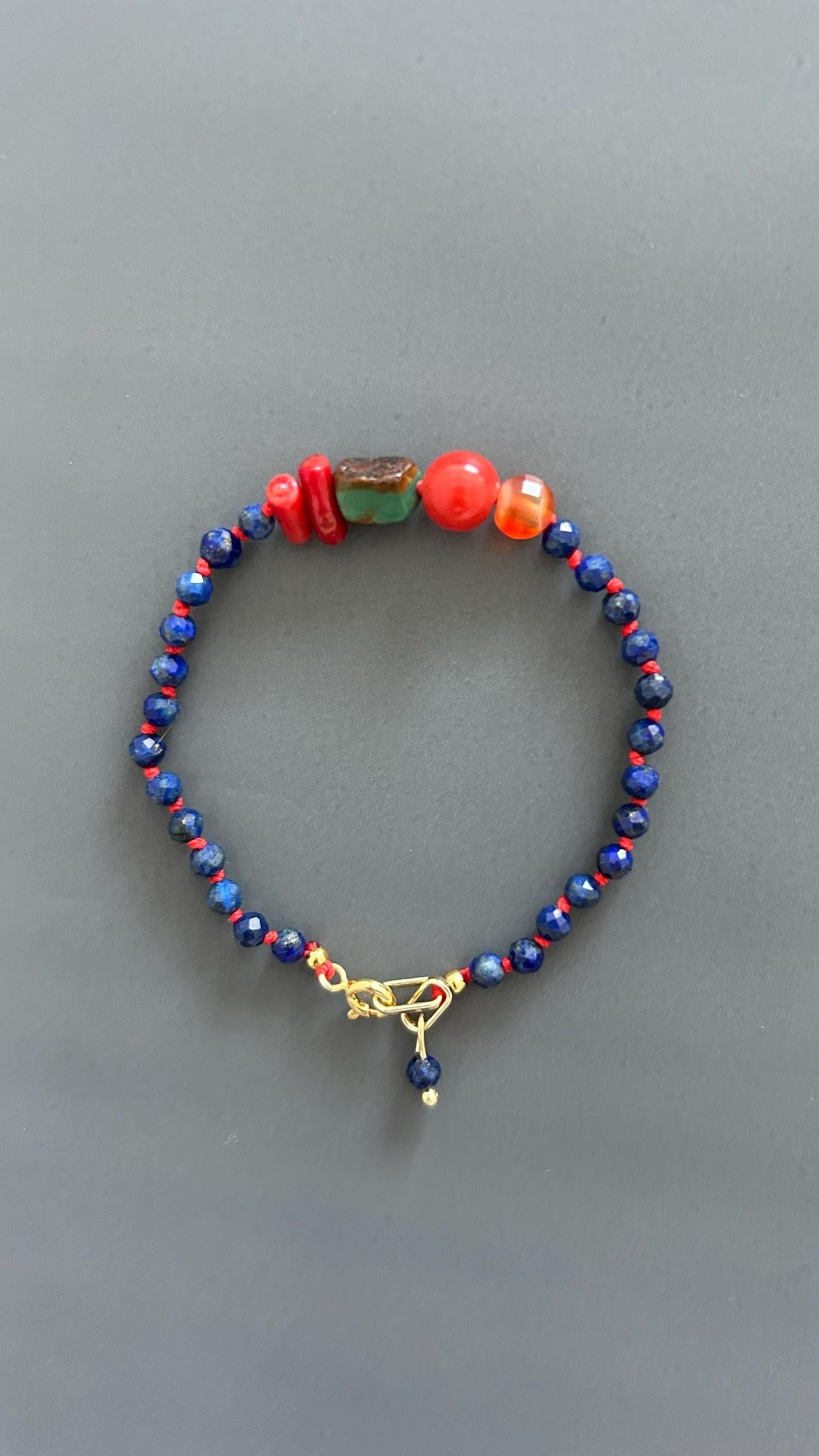Lapis Lazuli Coral Carnelian Beaded Bracelet, 18K Gold Plated Toggle Clasp, Boho Jewelry