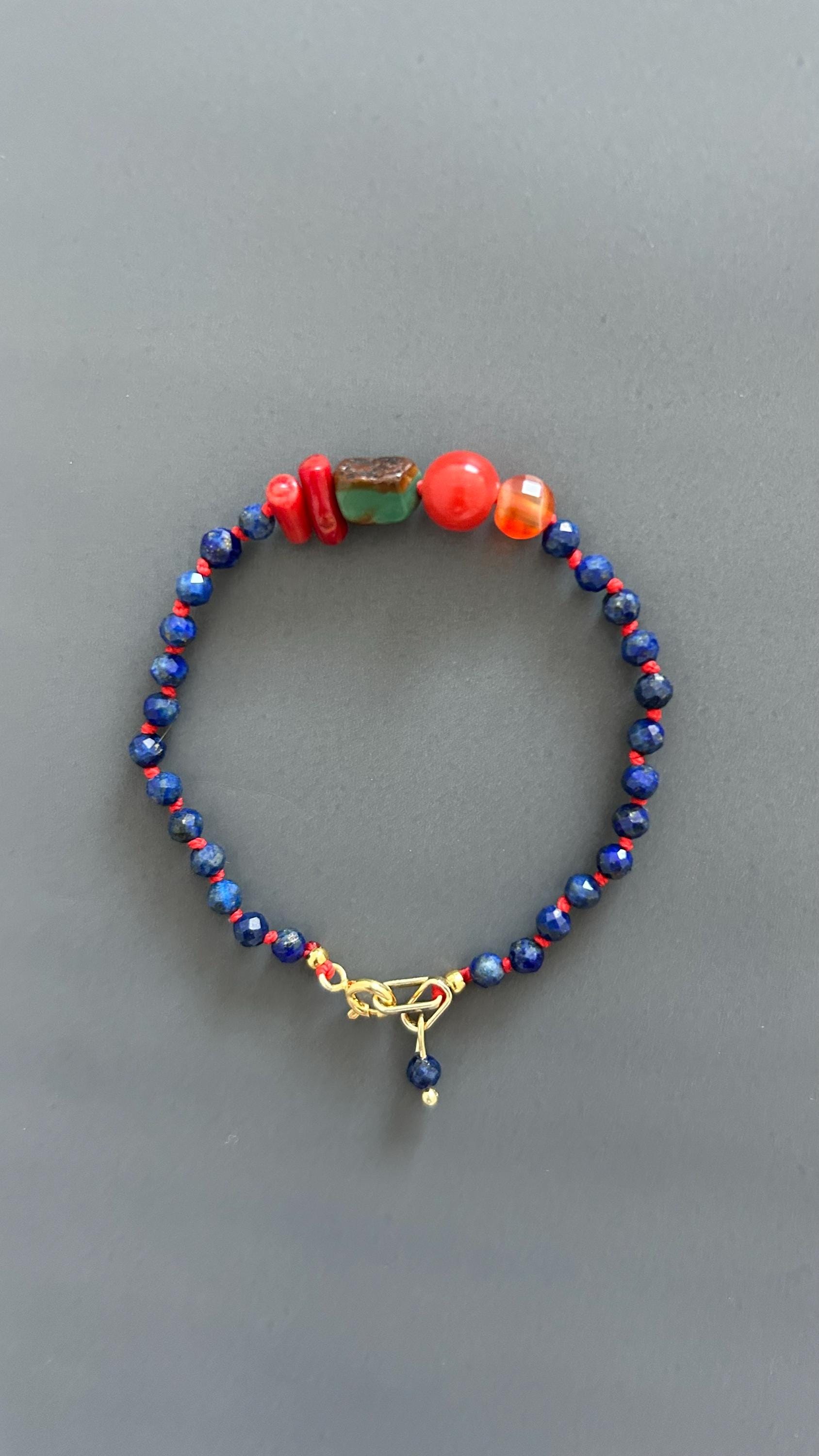 Lapis Lazuli Coral Carnelian Beaded Bracelet, 18K Gold Plated Toggle Clasp, Boho Jewelry