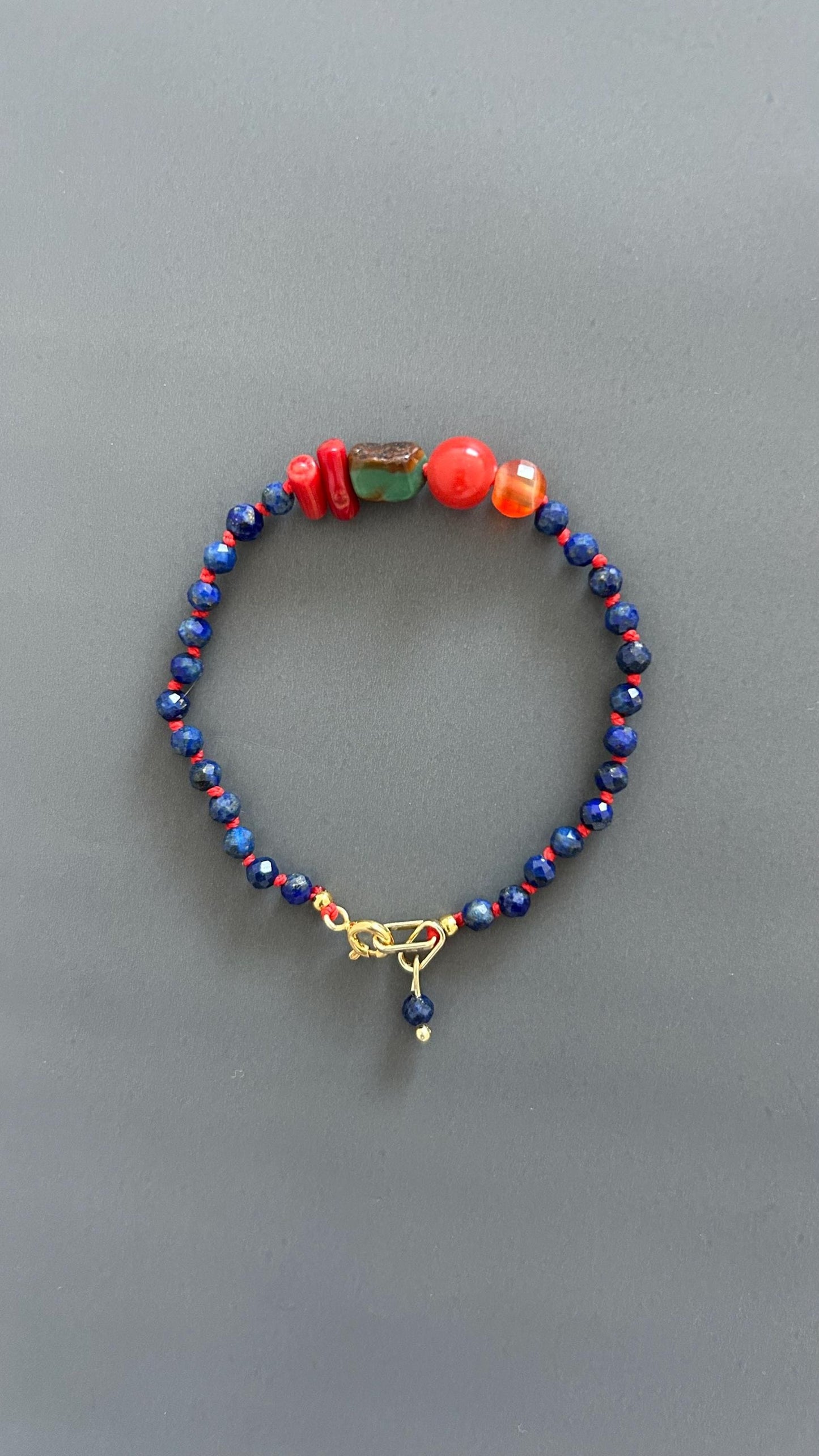 Lapis Lazuli Coral Carnelian Beaded Bracelet, 18K Gold Plated Toggle Clasp, Boho Jewelry
