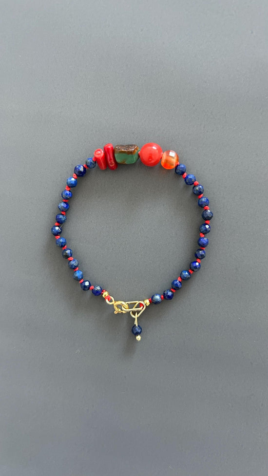 Lapis Lazuli Coral Carnelian Beaded Bracelet, 18K Gold Plated Toggle Clasp, Boho Jewelry