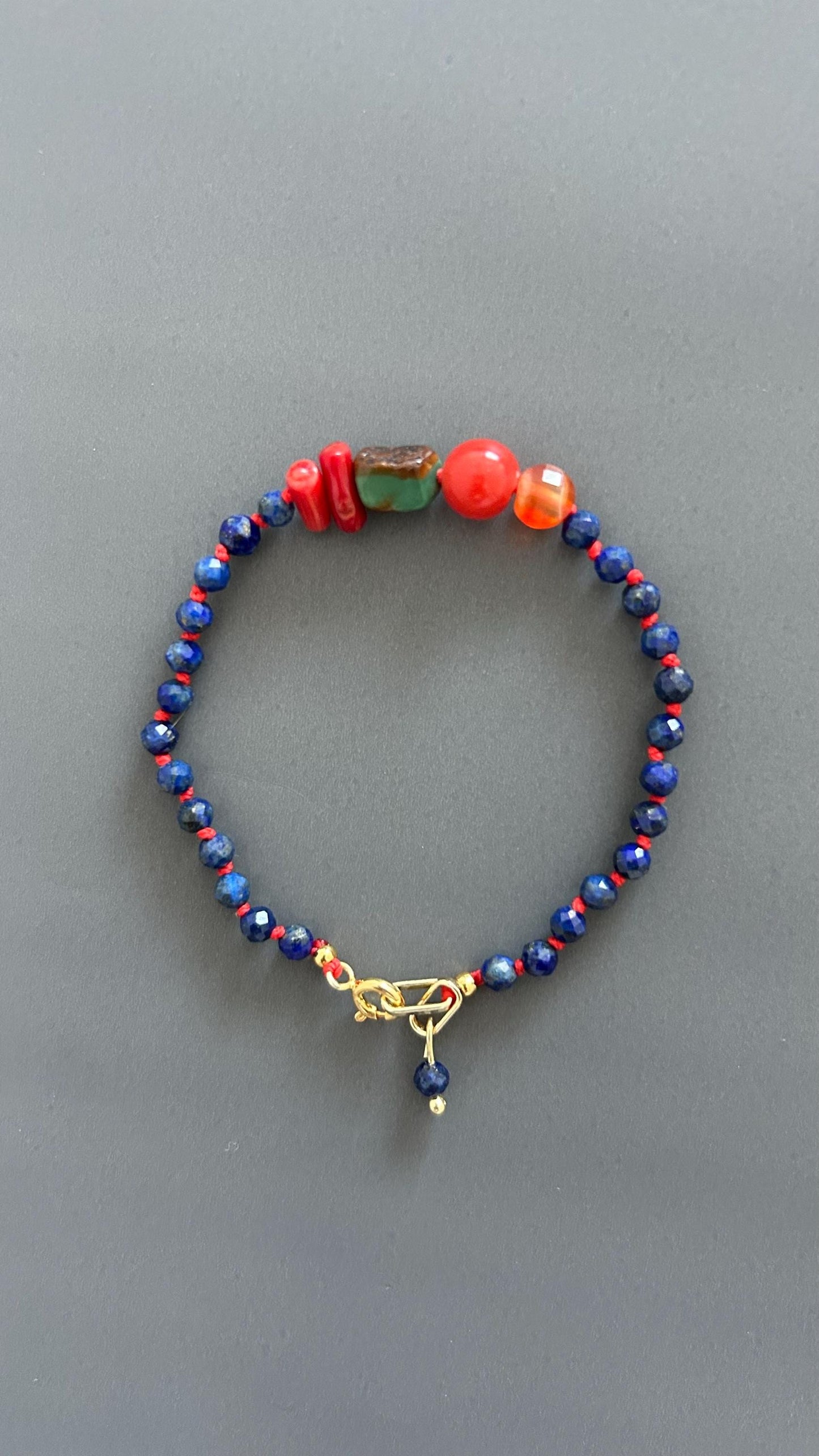Lapis Lazuli Coral Carnelian Beaded Bracelet, 18K Gold Plated Toggle Clasp, Boho Jewelry