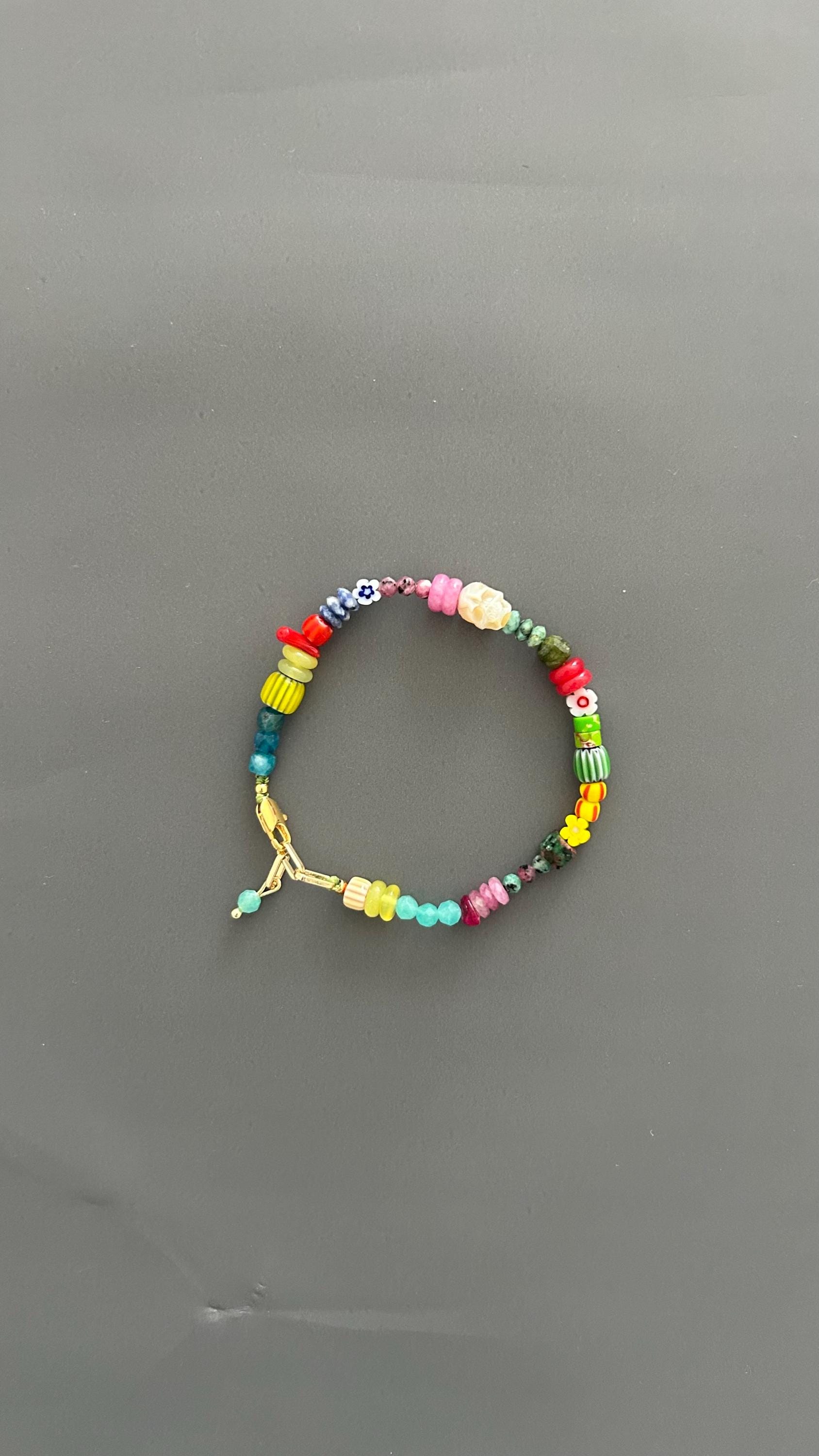 Colorful Beaded Bracelet | Handmade Mixed Gemstone & Glass Bead Bracelet | Gold Clasp Stackable Bracelet | Fun Boho Jewelry Gift