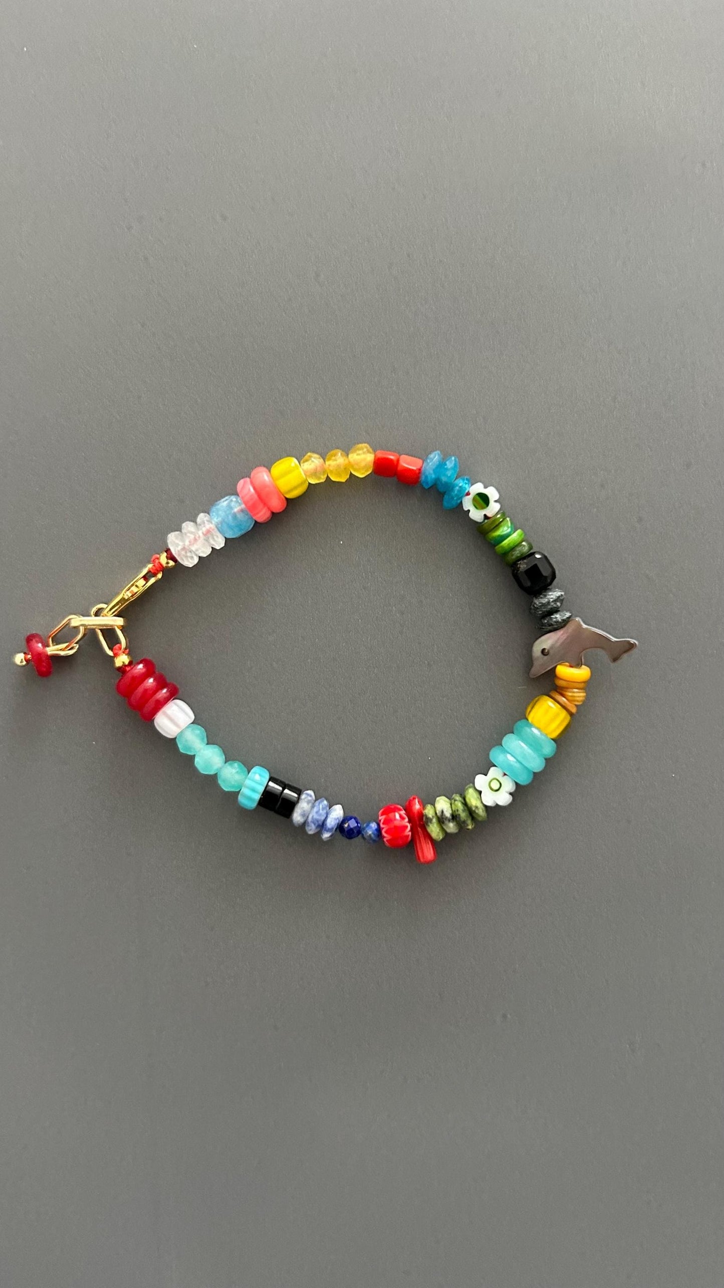 Rainbow Beaded Dolphin Charm Bracelet | Boho Color Pop Artisan Friendship Jewelry Gift
