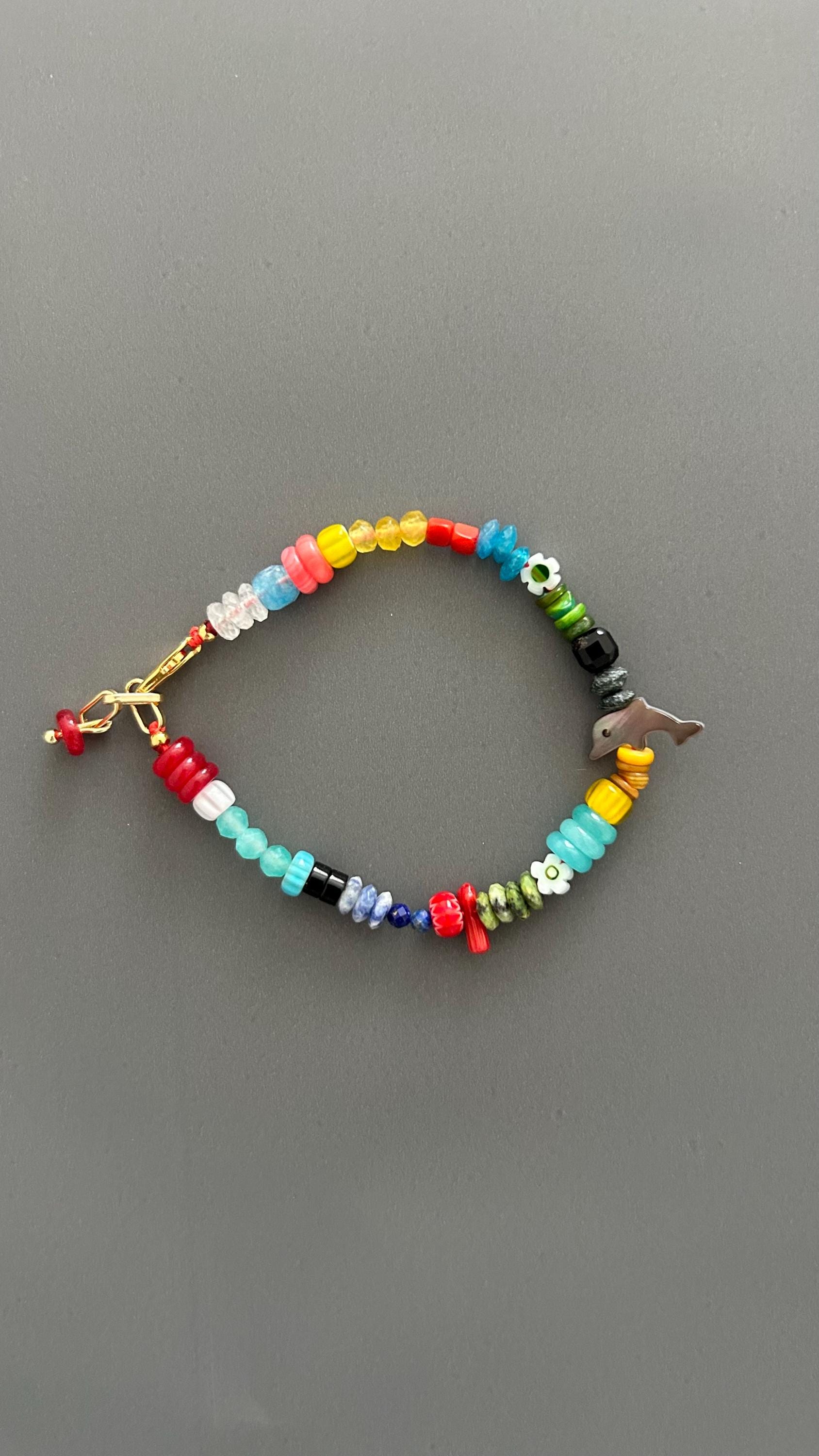 Rainbow Beaded Dolphin Charm Bracelet | Boho Color Pop Artisan Friendship Jewelry Gift
