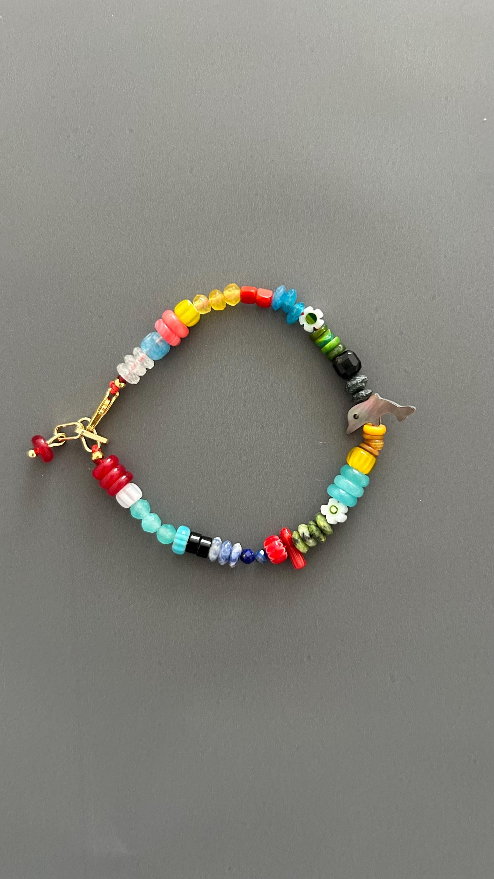 Rainbow Beaded Dolphin Charm Bracelet | Boho Color Pop Artisan Friendship Jewelry Gift