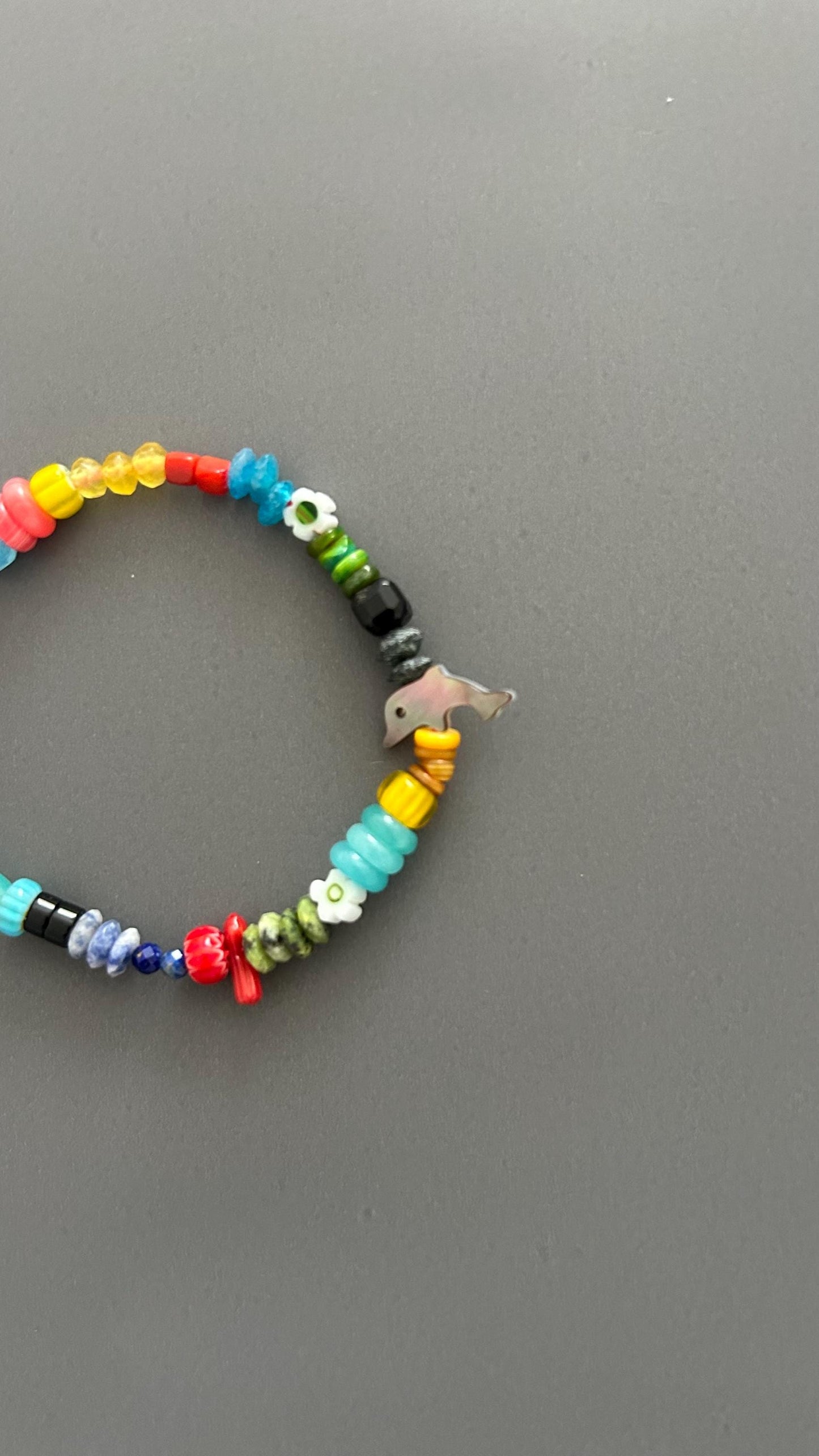 Rainbow Beaded Dolphin Charm Bracelet | Boho Color Pop Artisan Friendship Jewelry Gift