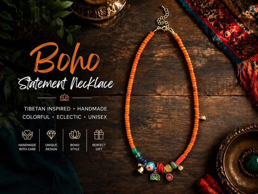 Boho Statement Necklace Tibetan Colorful Pendant Choker Handmade Maximalist Vintage Unisex Jewelry Gift