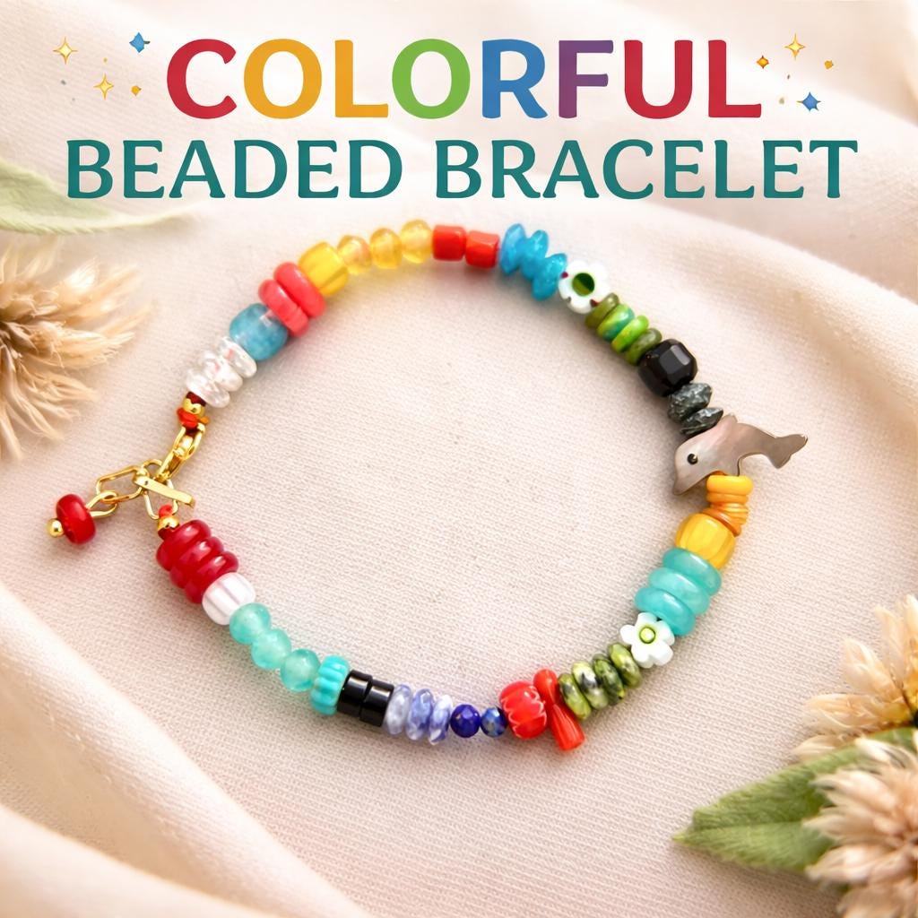Rainbow Beaded Dolphin Charm Bracelet | Boho Color Pop Artisan Friendship Jewelry Gift