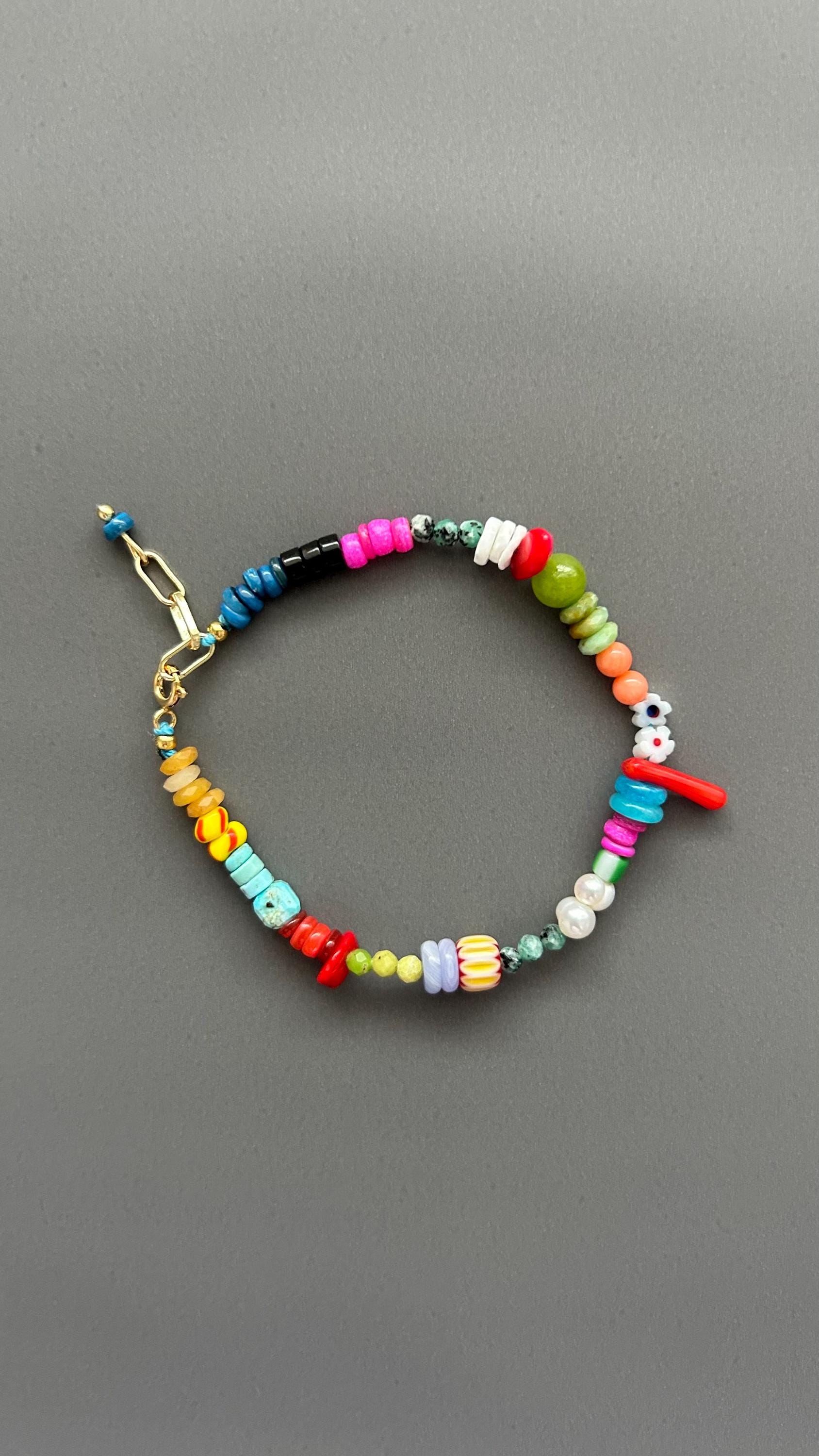 Colorful Beaded Bracelet, Boho Gemstone Bracelet, Handmade Summer Jewelry, Rainbow Bead Bracelet, Layering Bracelet, Fun Eclectic Gift
