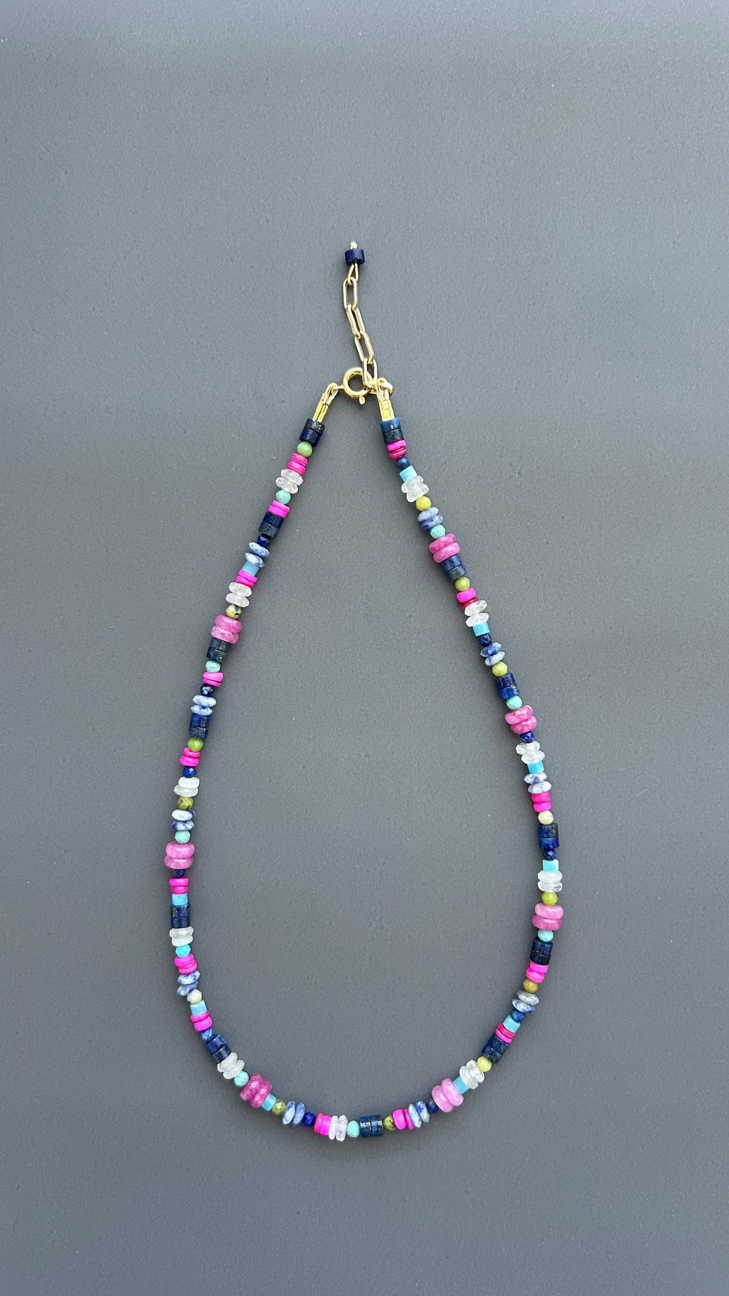 Coastal Healing Crystal Beaded Necklace | Lapis Lazuli Moonstone Turquoise Pink Shell | Boho Layering Jewelry