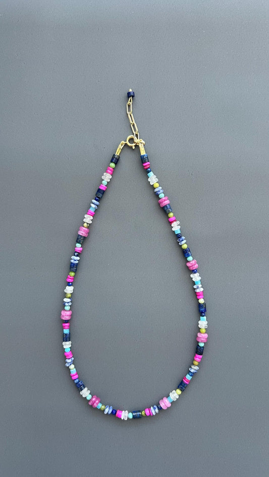 Coastal Healing Crystal Beaded Necklace | Lapis Lazuli Moonstone Turquoise Pink Shell | Boho Layering Jewelry