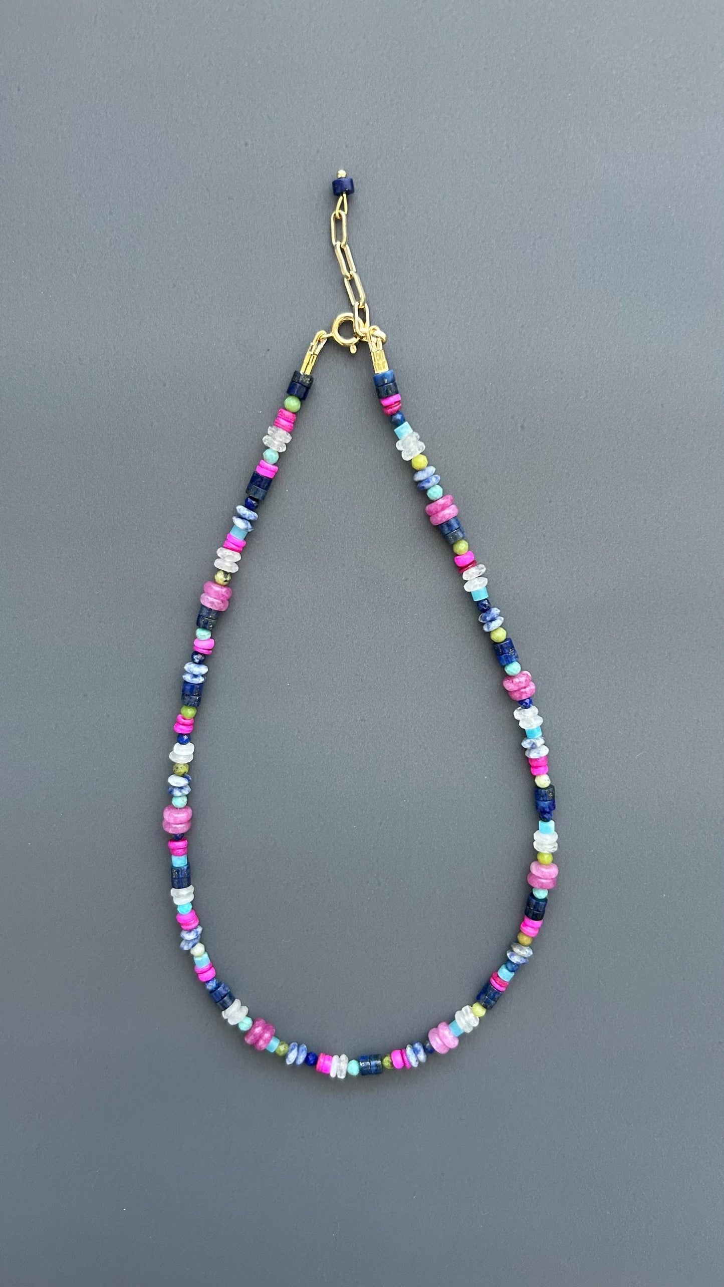 Coastal Healing Crystal Beaded Necklace | Lapis Lazuli Moonstone Turquoise Pink Shell | Boho Layering Jewelry