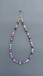 Coastal Healing Crystal Beaded Necklace | Lapis Lazuli Moonstone Turquoise Pink Shell | Boho Layering Jewelry